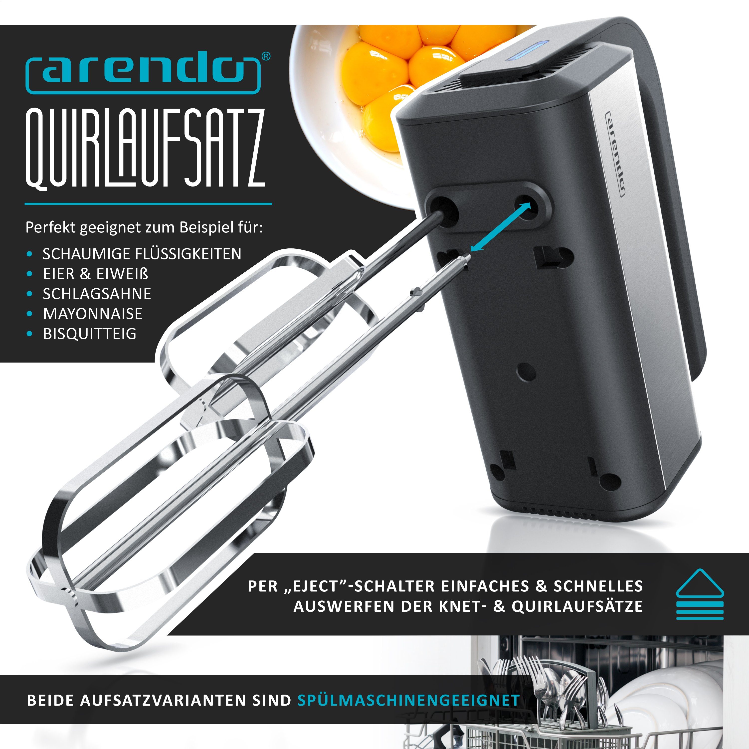 Arendo Handmixer, 350 W, Handrührgerät, 5 Geschwindigkeiten, inkl. 2 Rührbesen & 2 Knethaken