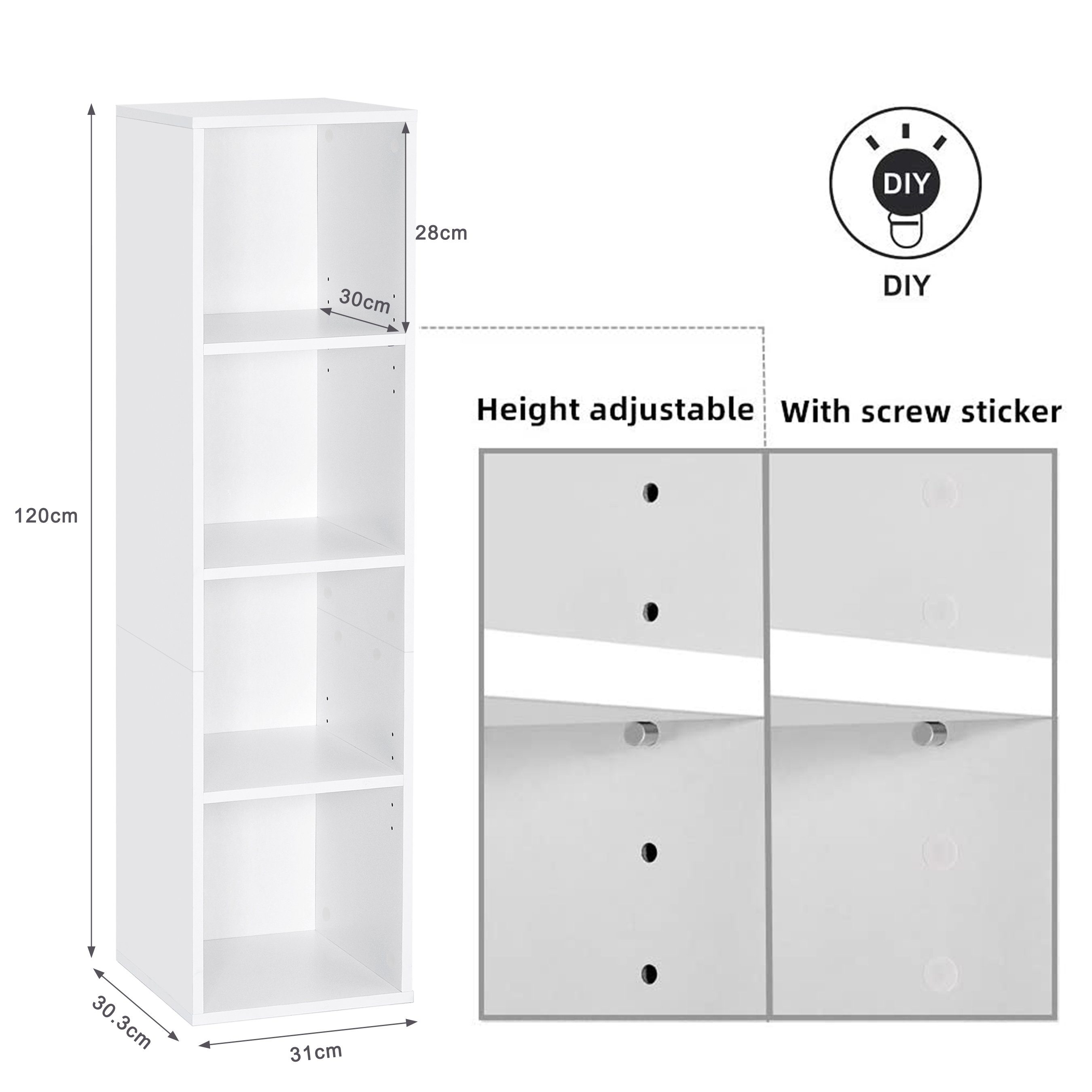 Mondeer Bücherregal Würfelregal, Standregal, Wandregal, Bücherschrank aus Holz mit 4 Fächer, Weiß