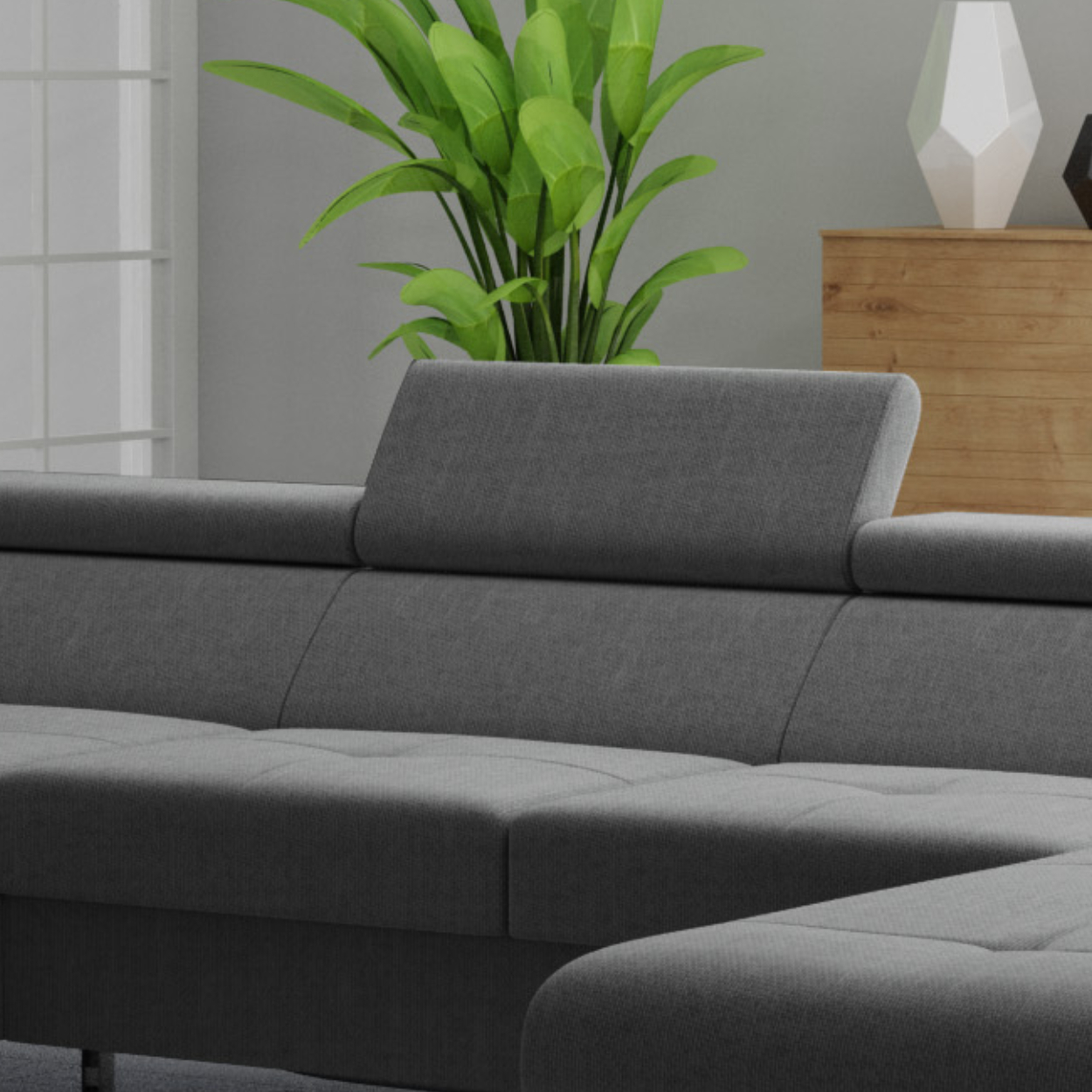 Möbel Punkt Wohnlandschaft U–Form Ecksofa Monaco Webstoff Grau mit Bett Bettkasten Kopfteilverstellung Bigsofa