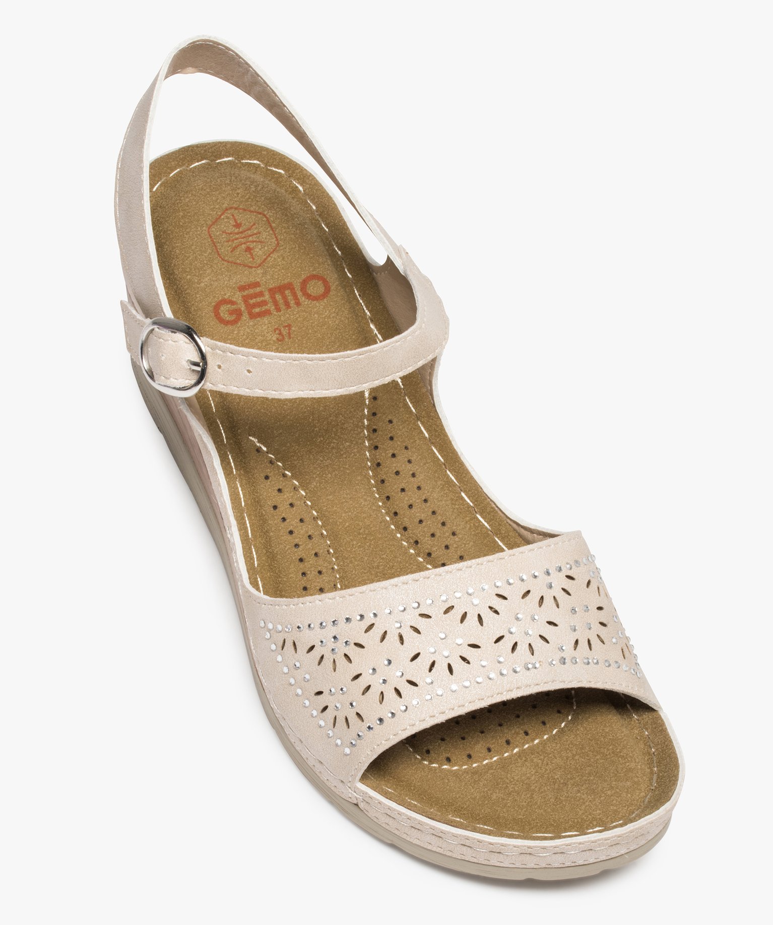 Sandales femme confort à talon dessus ajouré et strass beige | GEMO