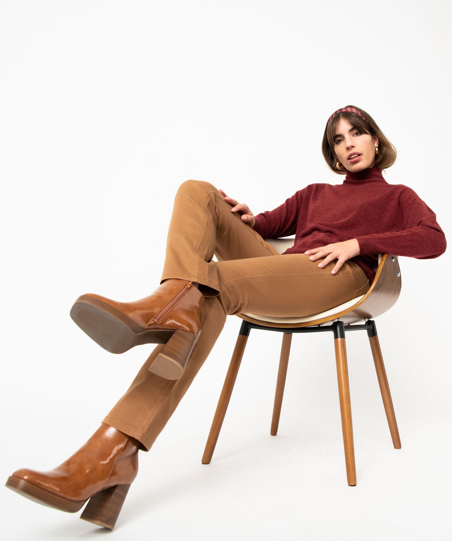 Pull à col montant en maille fine femme bordeaux | GEMO