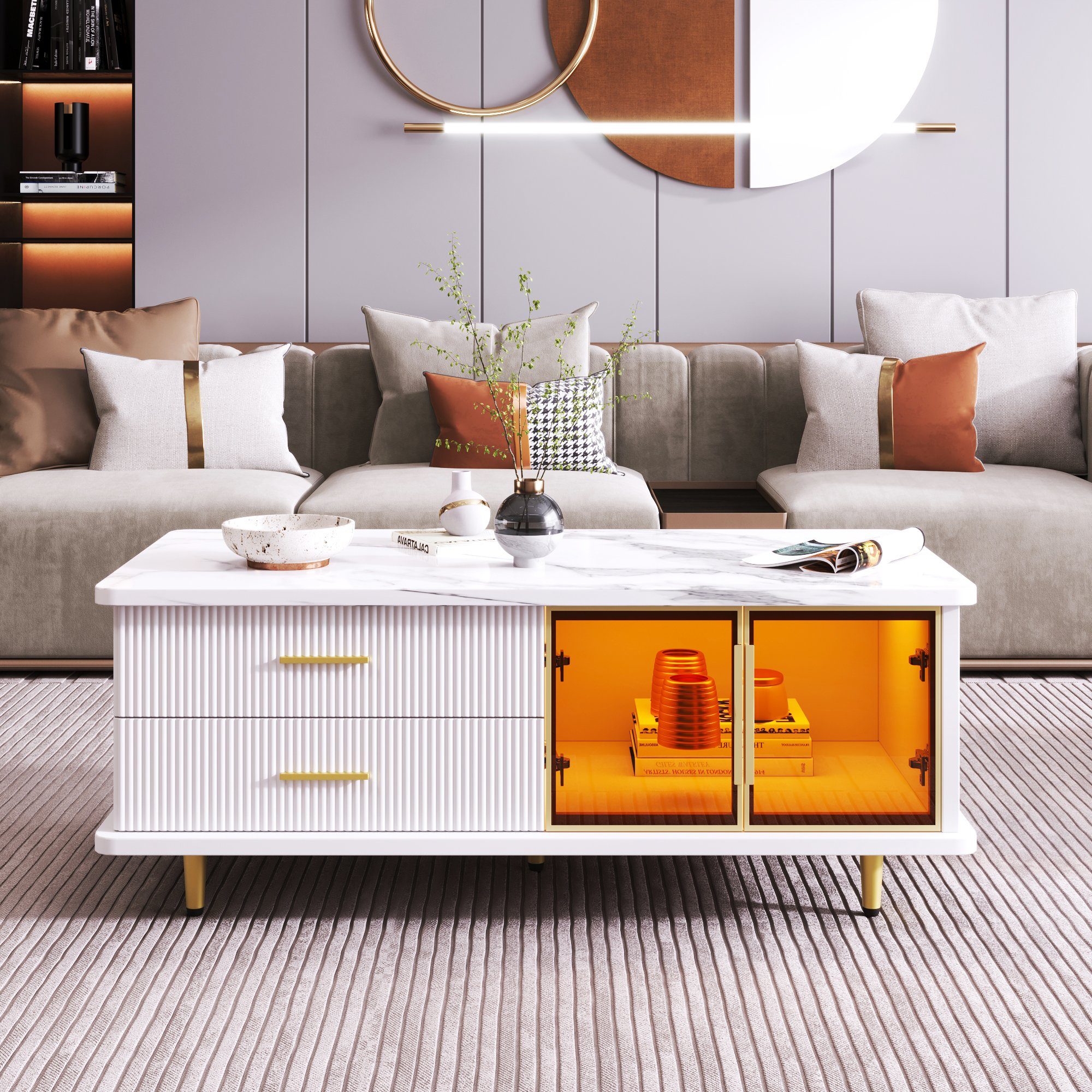 REDOM Wohnwand Couchtisch, TV-Schrank, (Schubladen mit Wellenstruktur, goldene Griffe und Beine, 2-St., Tür aus gehärtetem Glas,Rahmen aus Aluminiumlegierung), Enthält einen Couchtisch und einen Fernsehschrank.