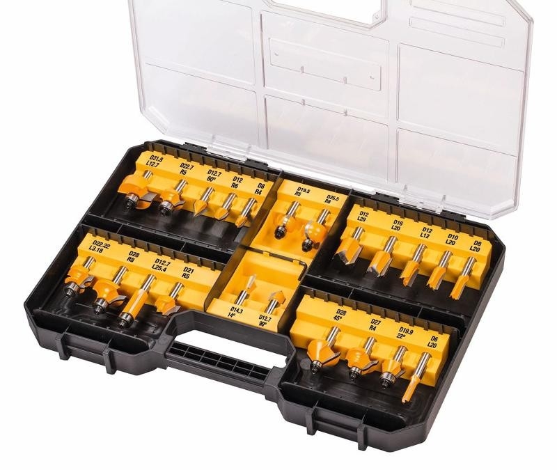 Juego de 22 fresas para router DeWalt Accessories DT90017-QZ con estuche y vástago de 8 mm.