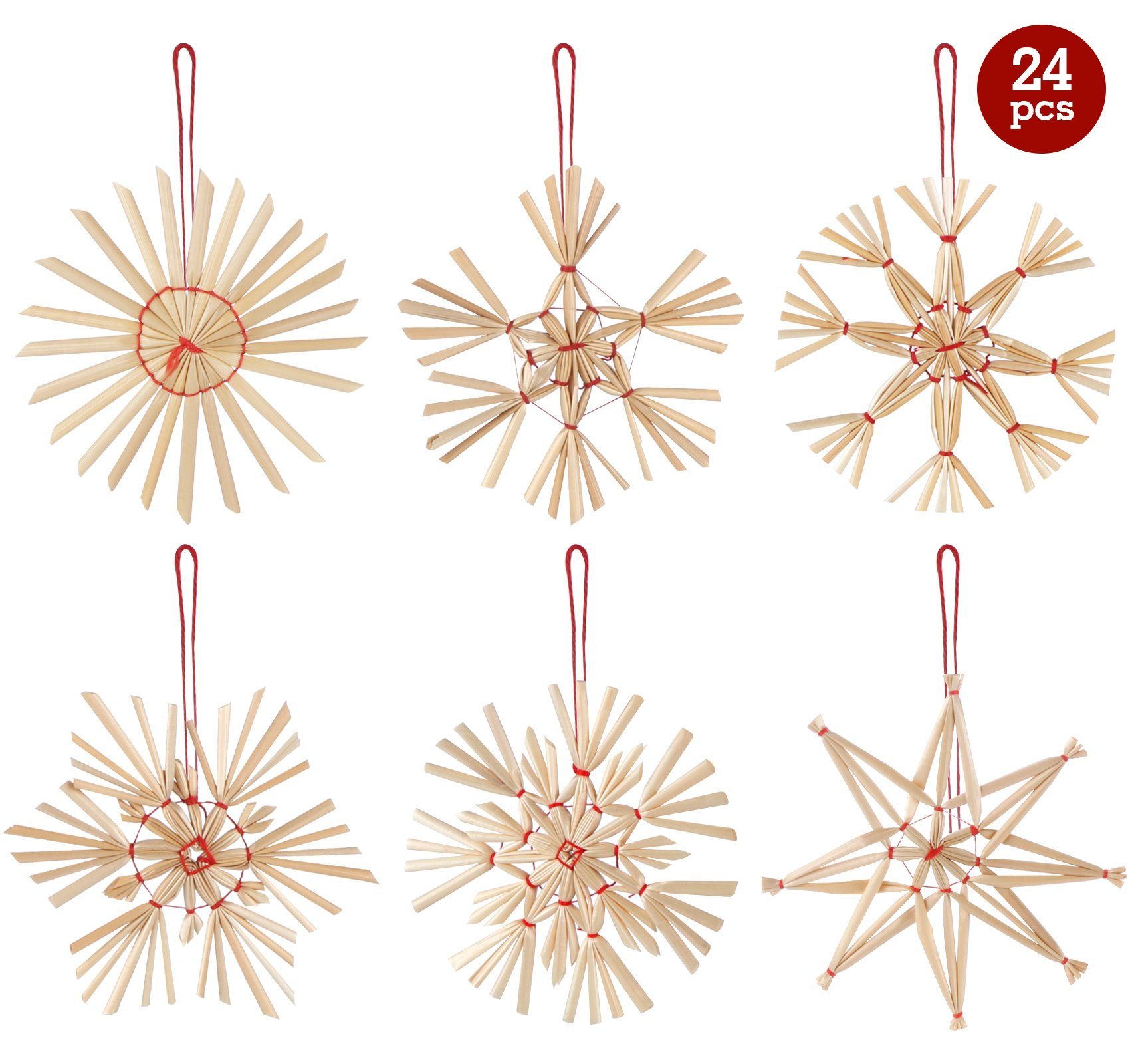 Homewit Christbaumschmuck Strohstern Set Christbaum Schmuck Stroh-Anhänger für Weihnachtsbaum (24-tlg), Weihnachtsdekoration - Ø 8cm mit Einer Schönen Holzkiste