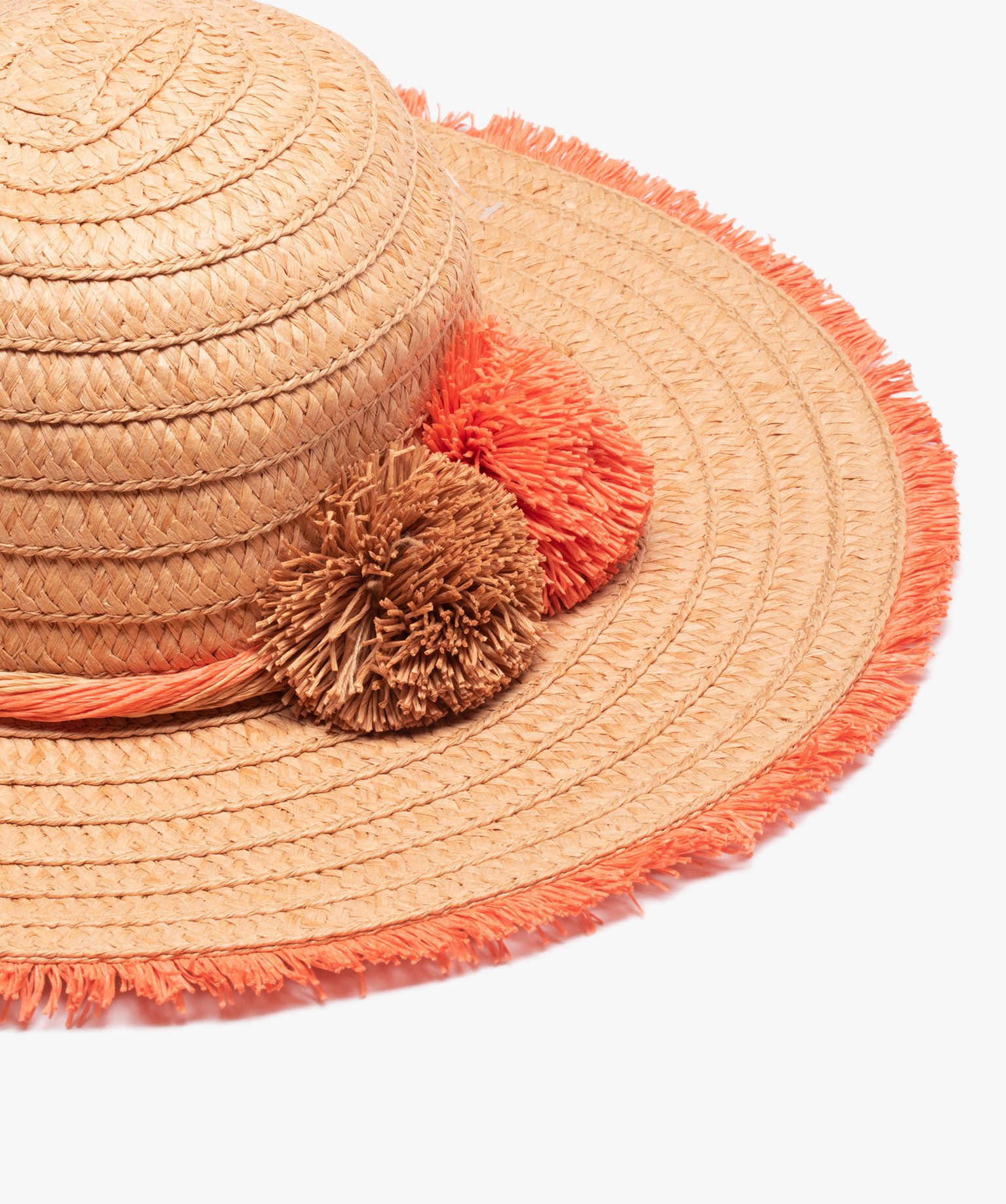 Chapeau femme en paille avec pompons et franges beige | GEMO