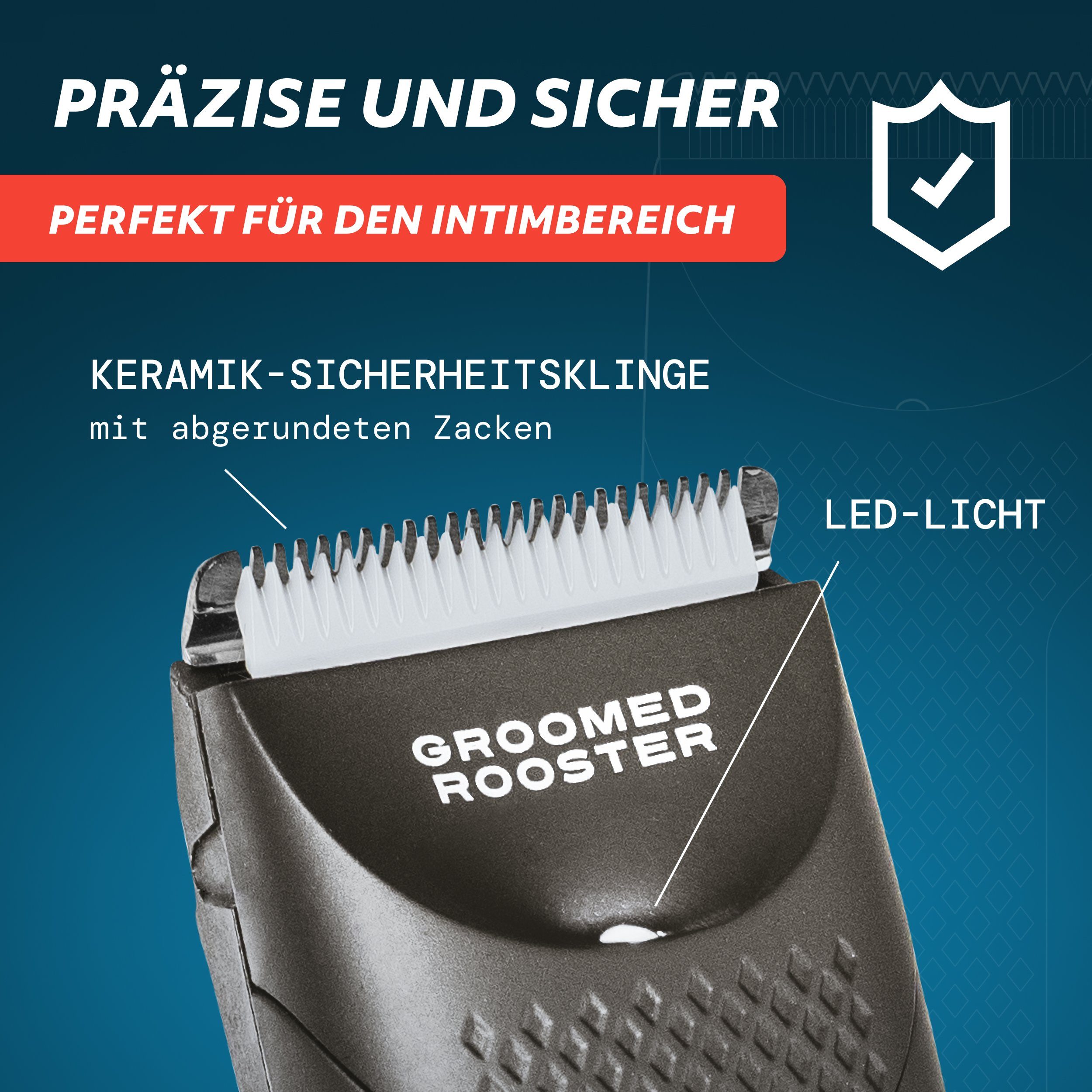 Groomed Rooster Elektrokörperrasierer The Bodygroomer – Intimrasierer, Körperrasierer & Trimmer, Aufsätze: 1, duschfest, 90 Min. Laufzeit, LED-Leuchte, 1,2,4,6,8 mm, Ladestation