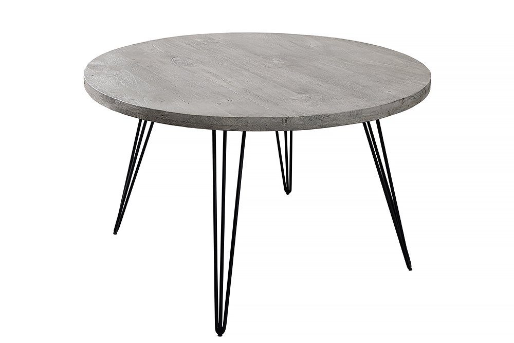 riess-ambiente Esstisch SCORPION Ø120cm grau / schwarz · 4,5cm Tischplatte (Einzelartikel, 1-St), Küche · Mango-Massivholz · Metall · rund · Hairpin Legs · Retro Design