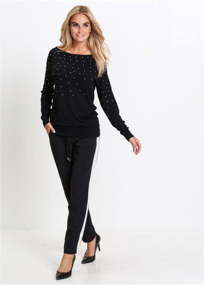 Long-Pullover mit Glitzersteinen
