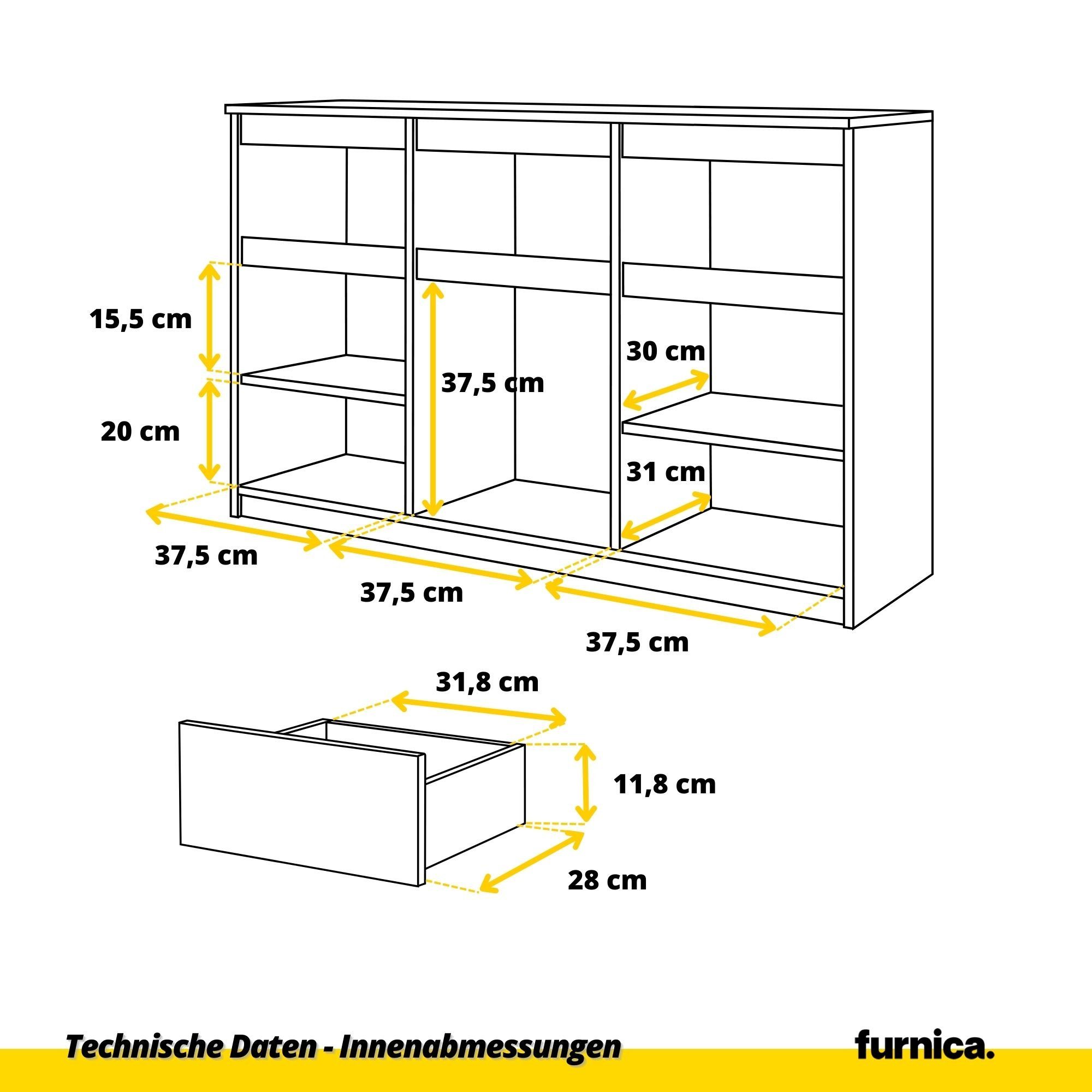 Furnica Kommode NOAH, 3 Schubladen und 3 Türen - Votan Eiche H75cm B120cm T35cm (1 St)