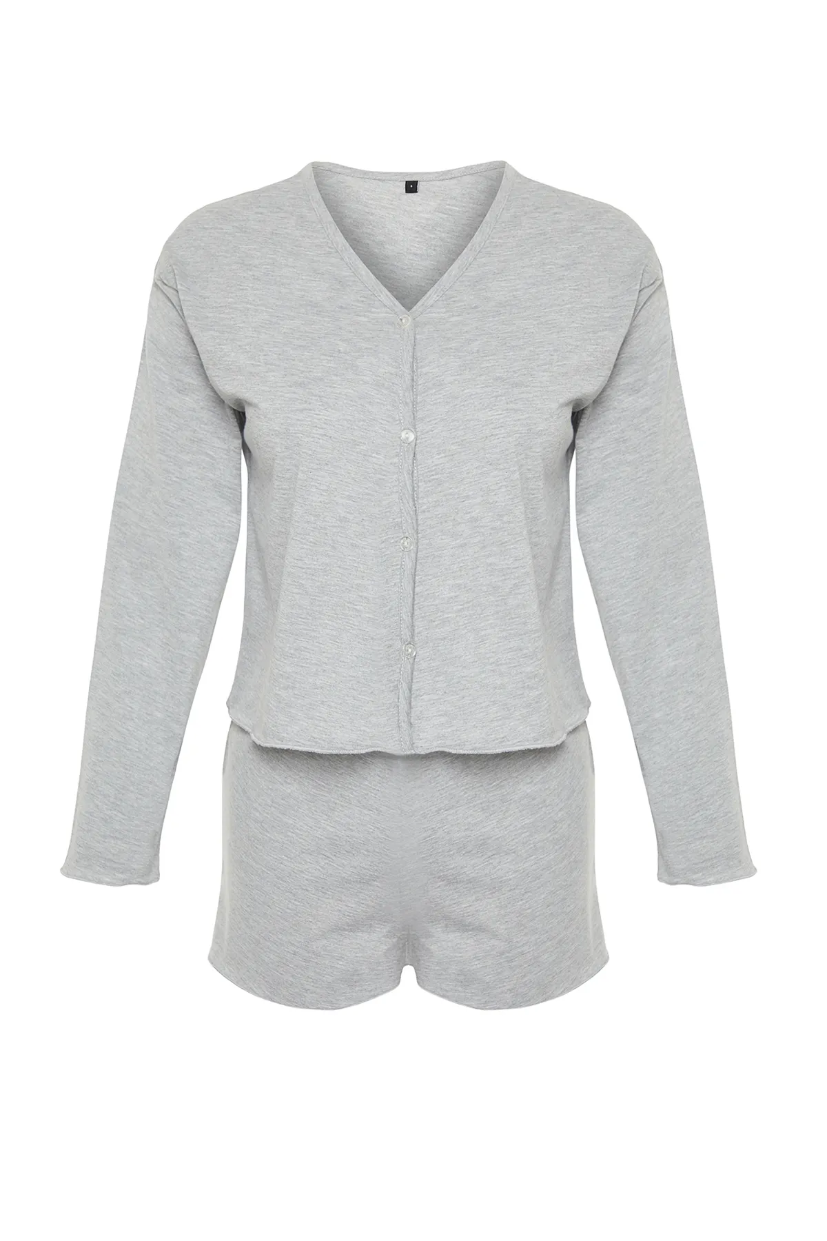 Trendyol Collection  Grau meliertes Strick-Pyjama-Set aus 100 % Baumwolle mit T-Shirt und Shorts THMSS24PT00107