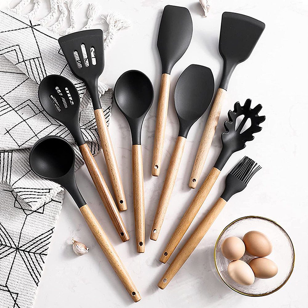 Bedee Kochbesteck-Set Küchenutensilien-Set, antihaftbeschichtet, Silikon, Küchenutensilien (11 Stück Kochutensilien Kochgeschirr Mit Aufhängeschlaufe, 11-tlg., Küchenutensilien), Spachtel-Set mit Halter, Holzgriff, hitzebeständiges Silikon