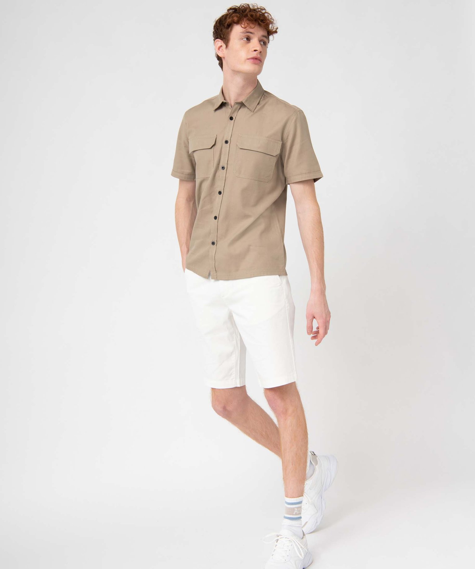 Chemise homme à manches courtes en twill de coton beige | GEMO
