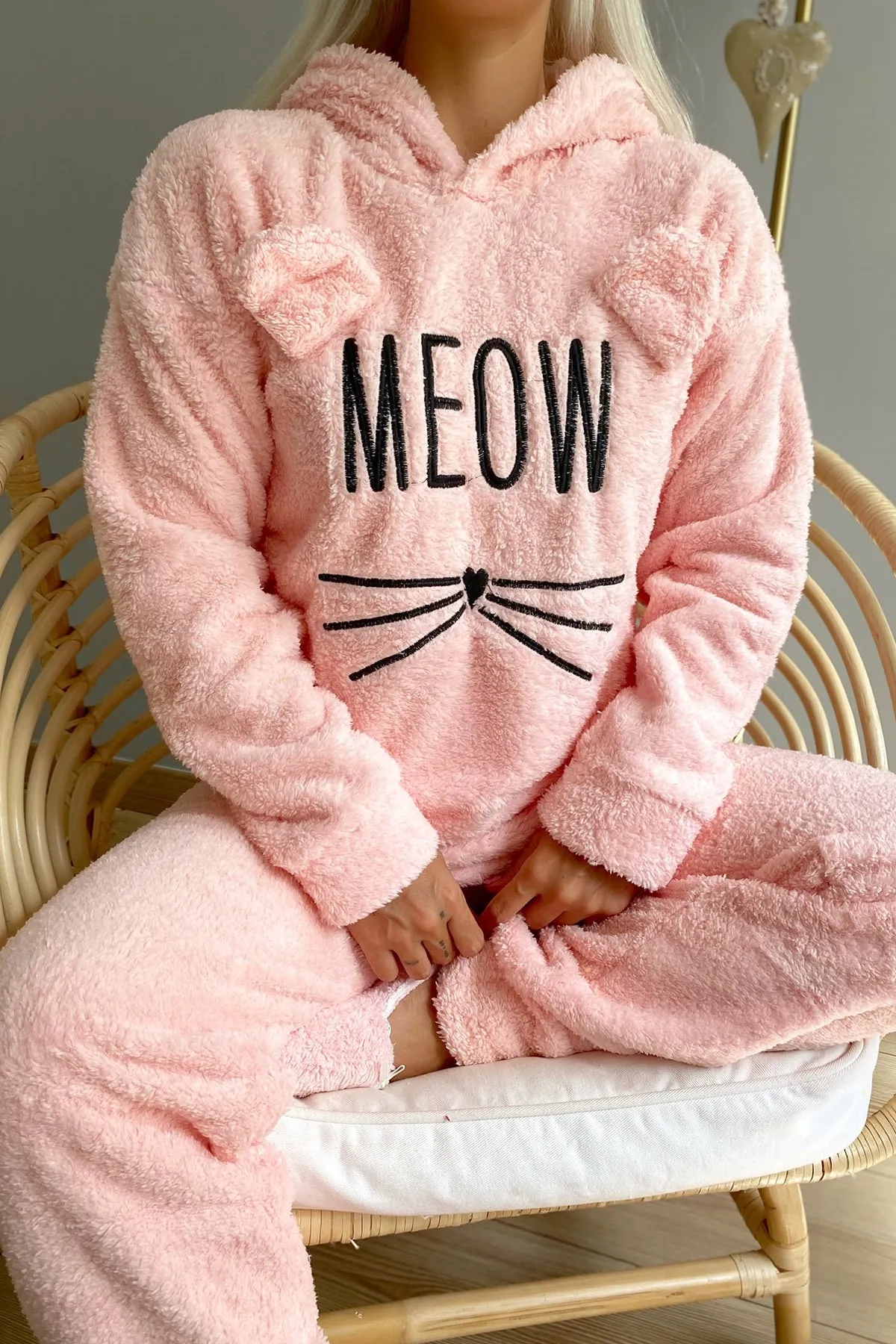 Pijamaevi  Lachs-Meow-gemustertes Vollplüsch-Pyjama-Set