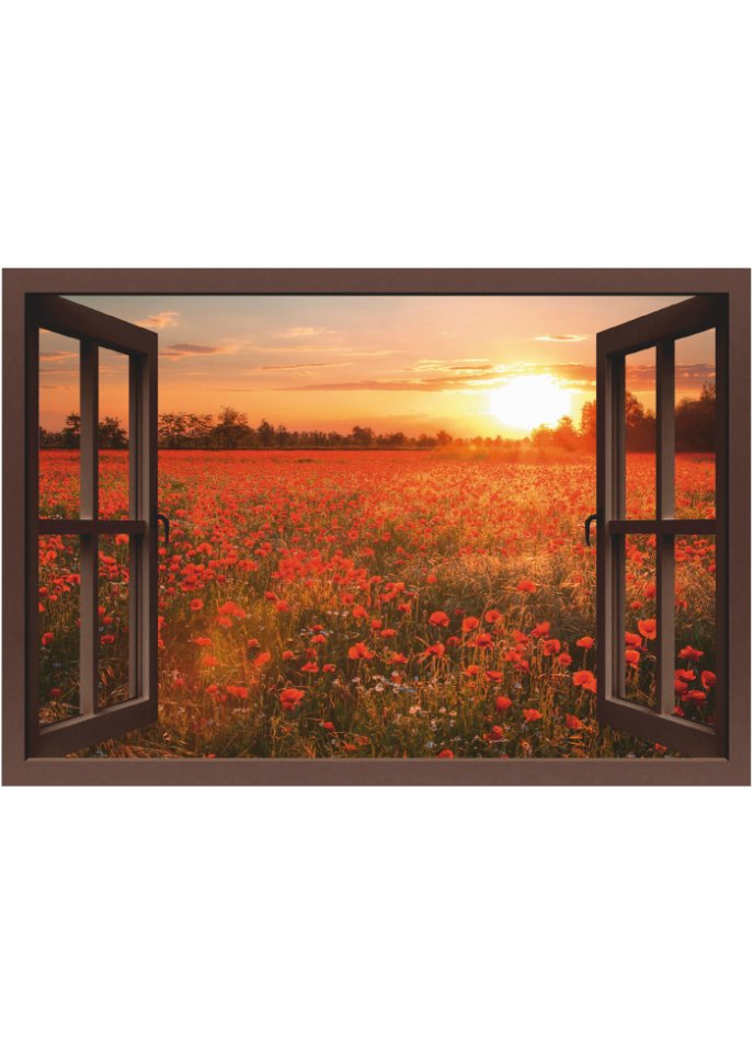 Alubild mit Fensterblick auf Mohnblumenfeld