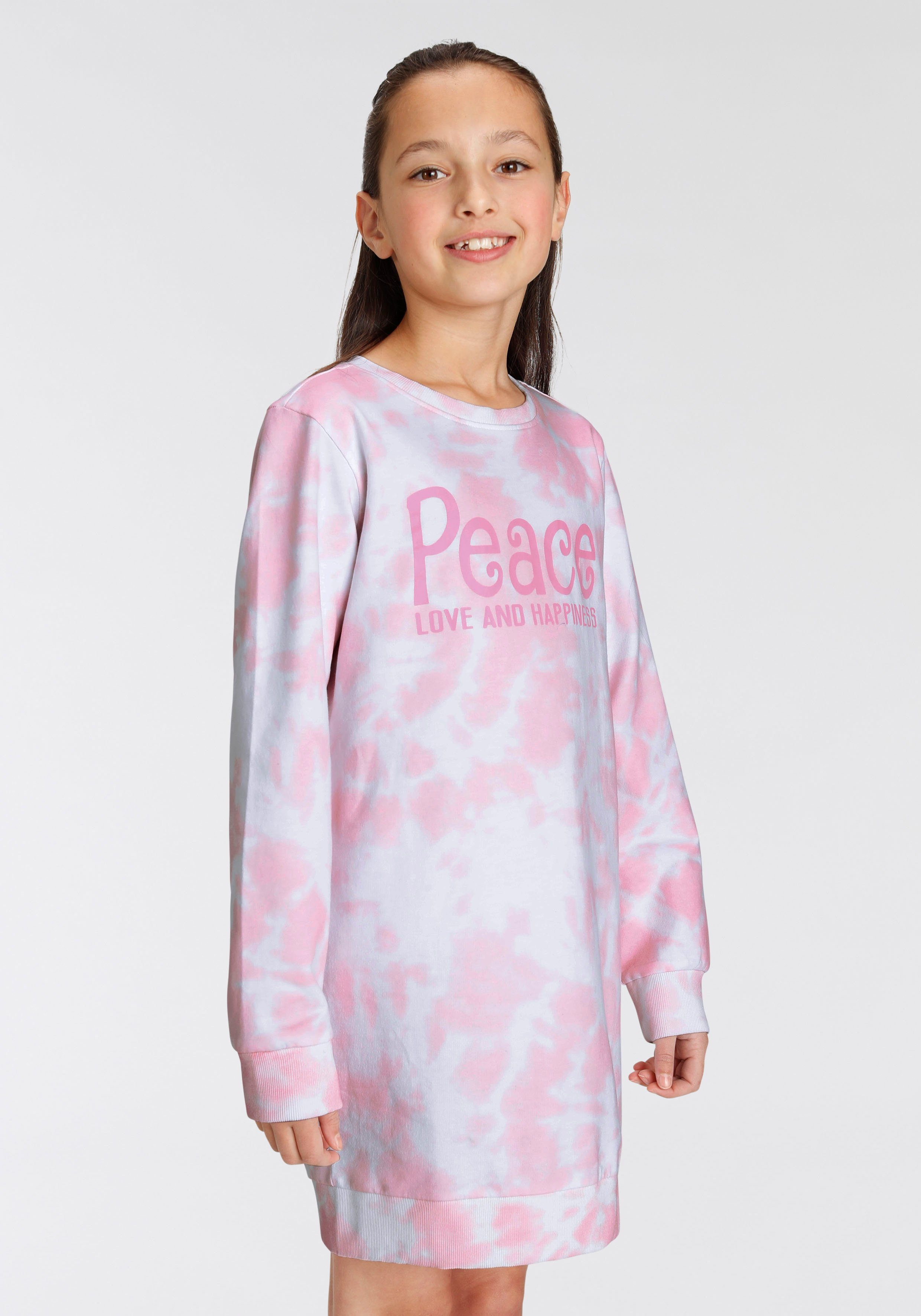 KIDSWORLD Sweatkleid Peace Love and Happiness Batikmuster