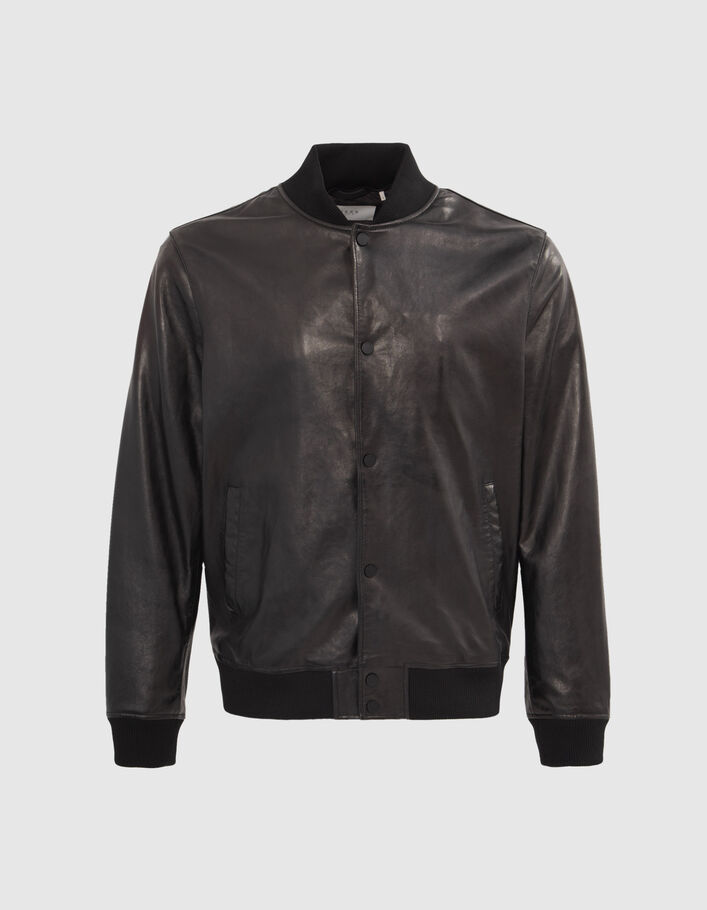 Bomber noir en cuir à parmenture amovible Homme