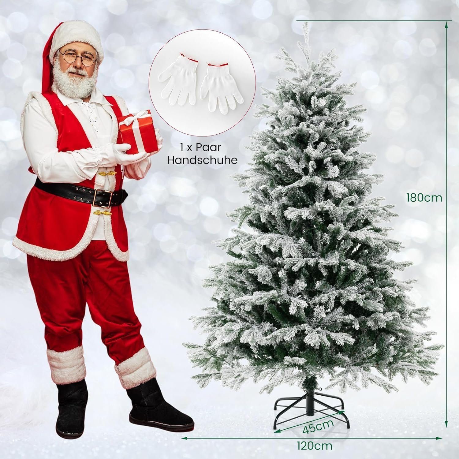 JUNG Künstlicher Weihnachtsbaum Künstlicher Spritzguss Weihnachtsbaum mit Beleuchtung + Schnee 1,80m, Edeltanne, Nordmanntanne Premium Edel, Baum Tanne, Christbaum + Ständer Weihnachtsbäume künstlich mit Licht Nordmann