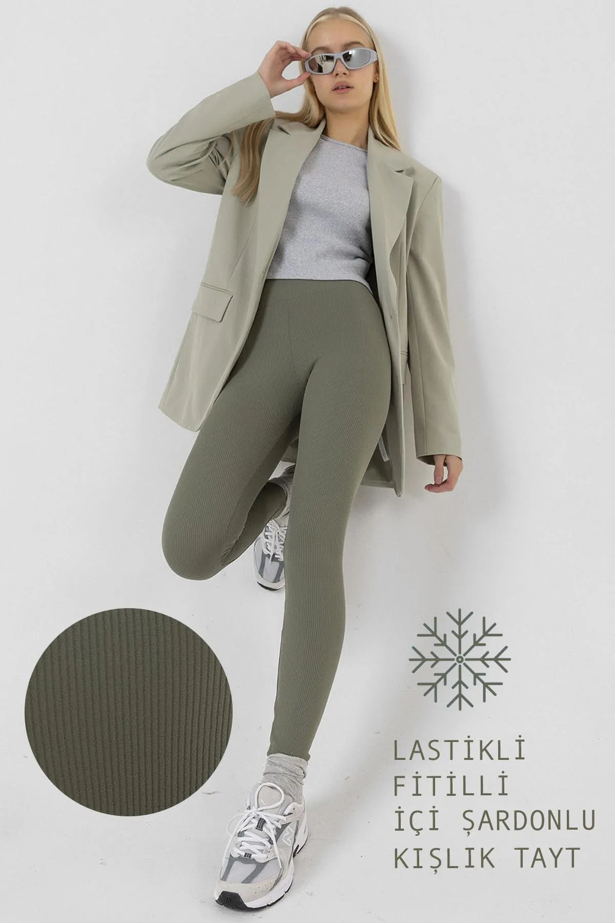 Domoda  Innenseite aus mintfarbenem Fleece, elastisch, erhöht, gerippt, Interlock-Winterstrick-Leggings mit Raffung @verona