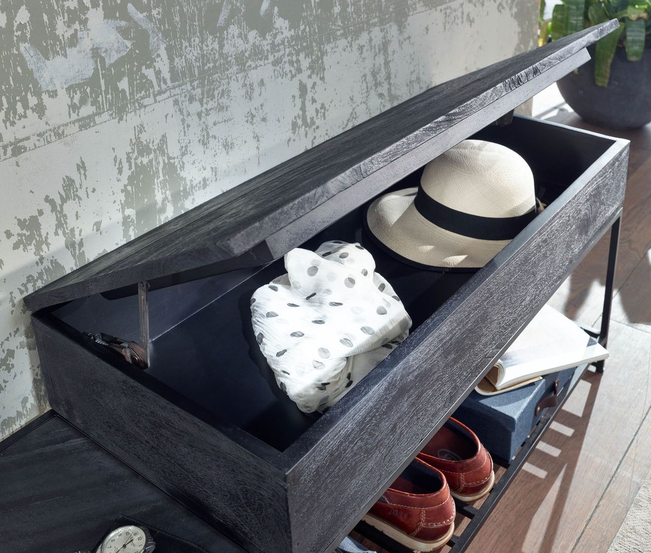 Skyport WOHNLING Garderoben Set Schwarz Holz Massiv Wandgarderobe Sitzbank Flurgarderobe
