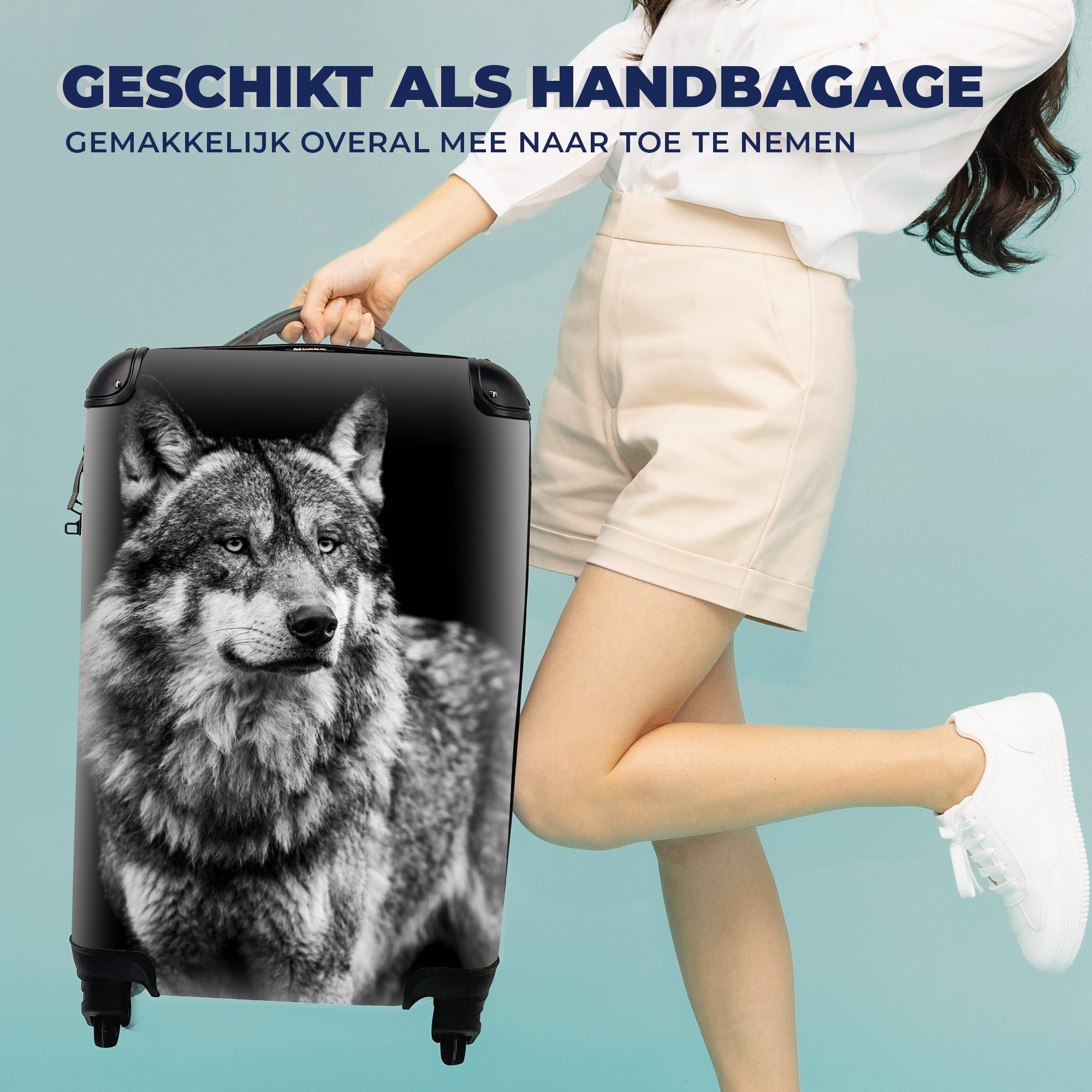 MuchoWow Handgepäckkoffer Wolf - Tiere - Wild - Schwarz - Weiß, 4 Rollen, Reisetasche mit rollen, Handgepäck für Ferien, Trolley, Reisekoffer