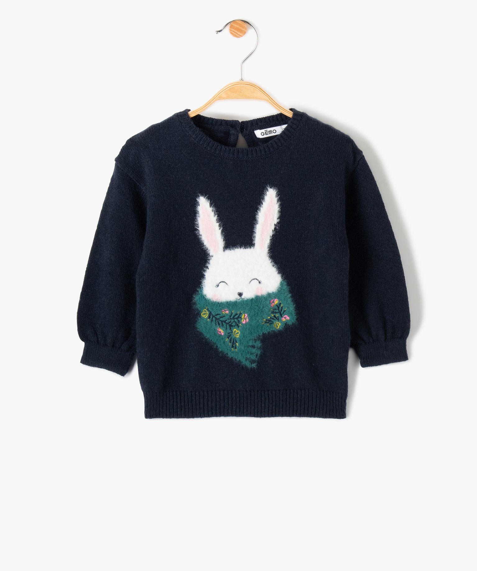 Pull bébé fille en maille douce à motif peluche bleu fonce | GEMO