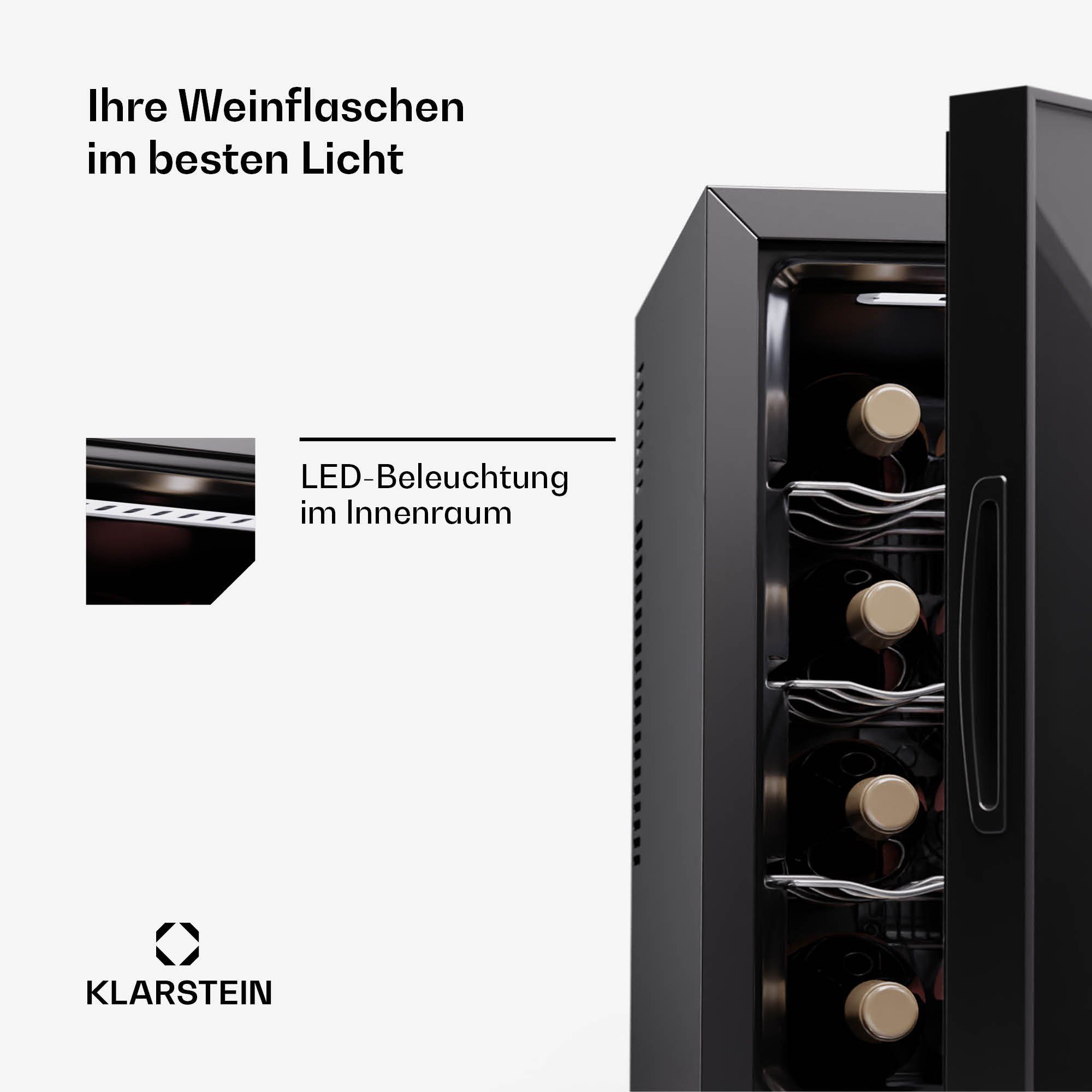 Klarstein Weinkühlschrank Silent Vino 12 Uno, für 12 Standardflaschen á 0,75l,Wein Flaschenkühlschrank Weintemperierschrank Weinschrank Kühlschrank