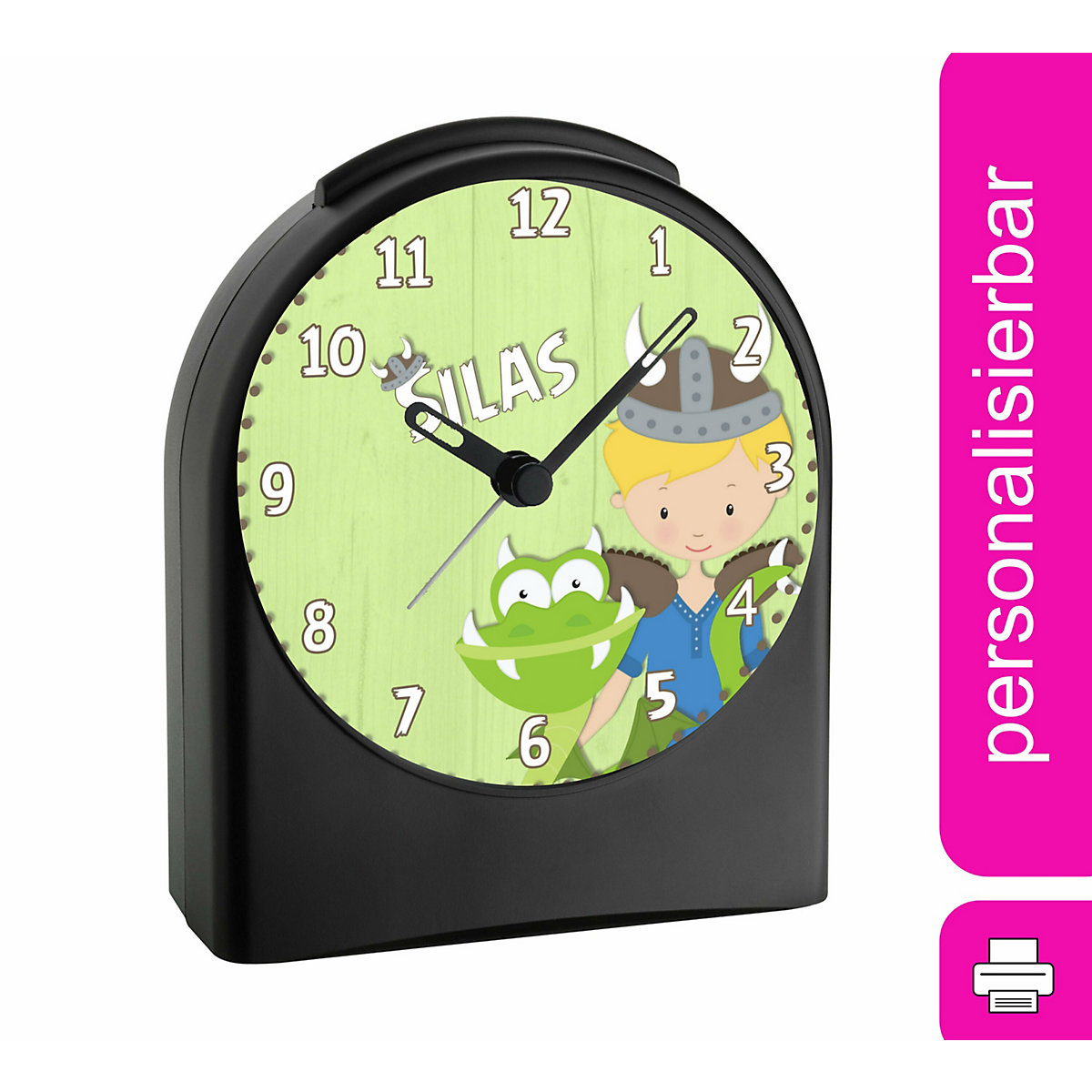 Kinder Funkwecker personalisiert mit Namen Wikinger Atom-/Funkuhr, 12-Stunden-Anzeigeformat, Schlummerfunktion, Nachtlicht, Geräuschlos/Ohne Ticken