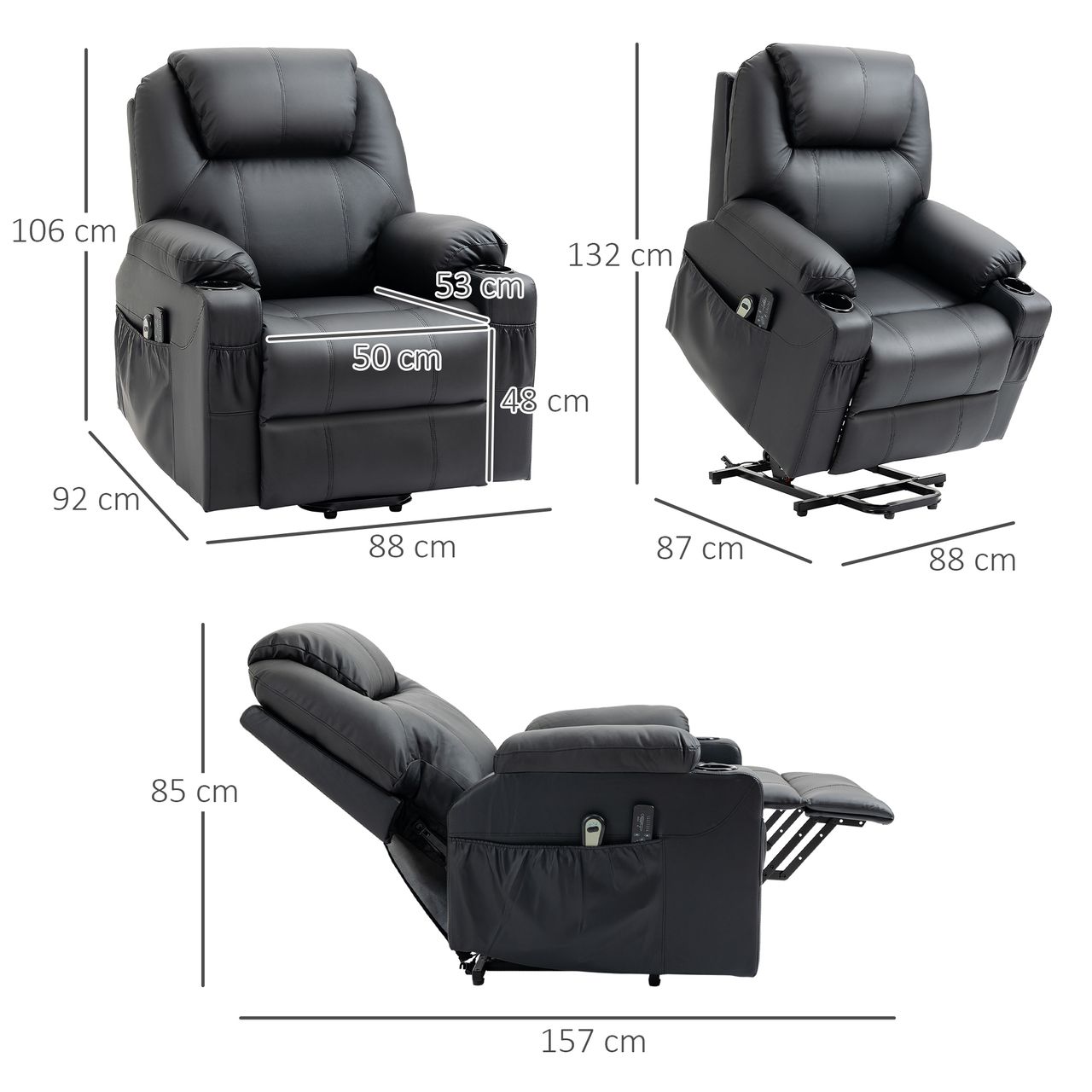 HOMCOM Elektrischer Aufstehsessel, Massagesessel mit Liegefunktion, Schwarz