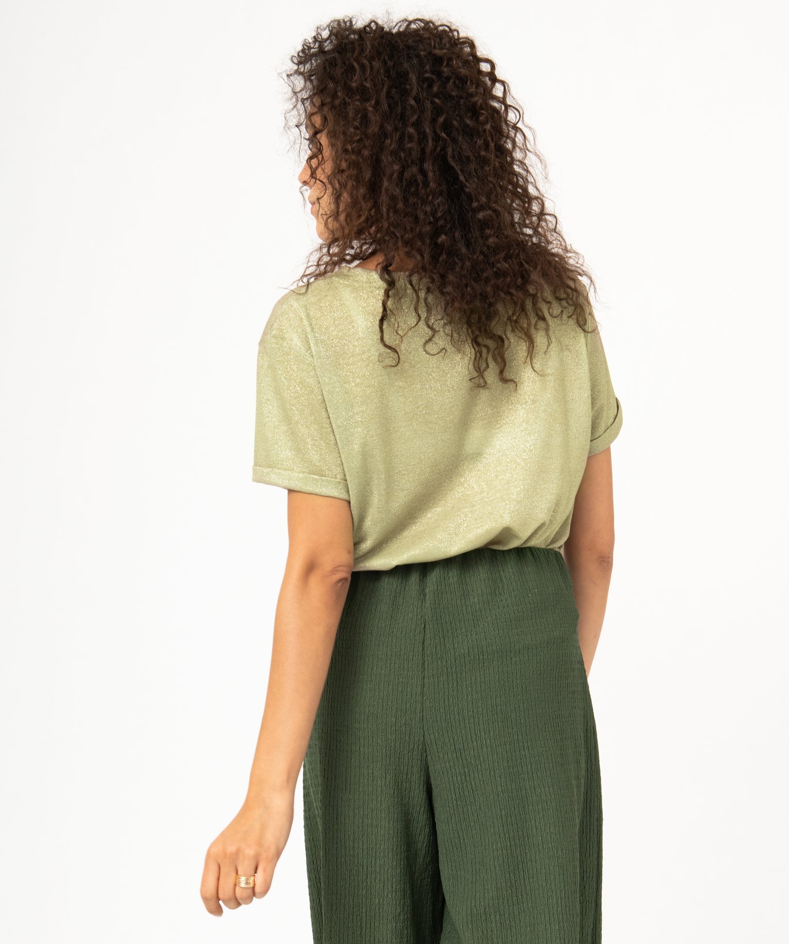 Tee-shirt à manches courtes en maille pailletée femme kaki | GEMO