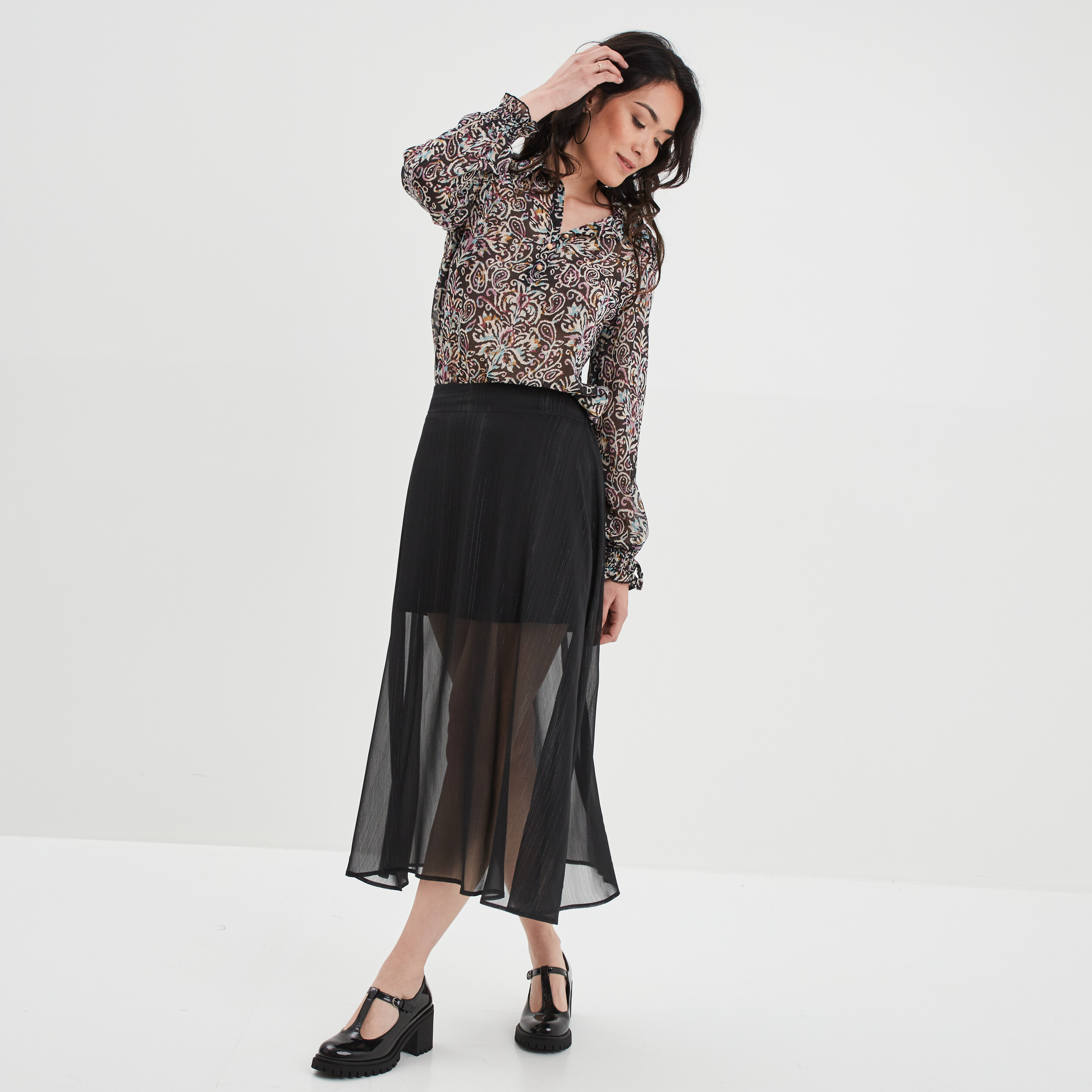 Jupe longue évasée voile doublé noir femme | La Halle