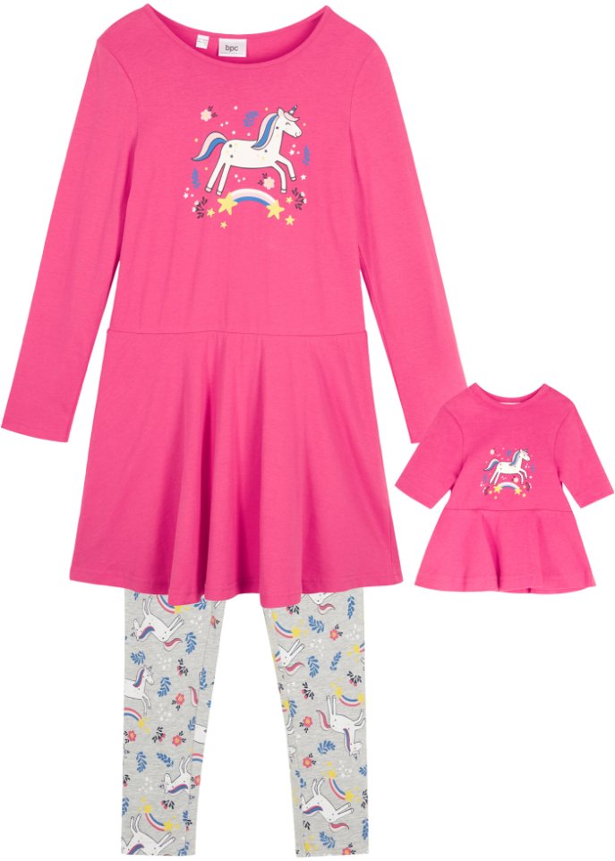 Mädchen Jerseykleid + Leggings mit Puppenkleid (3-tlg. Set)