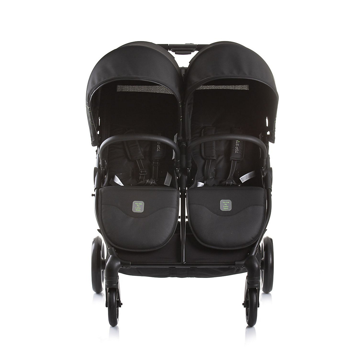 Zwillingskinderwagen Top Stars, 77 cm breit, Wickeltasche, Fußsack Geschwisterwagen