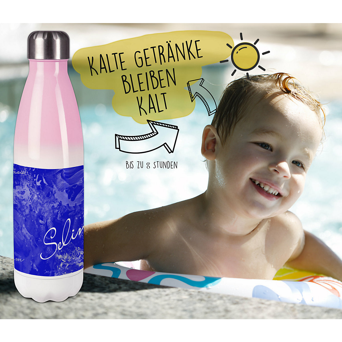 Edelstahl Kinder Thermoflasche / Trinkflasche bunt Traum Farbe blau Spülmaschinenfest, Auslaufsicher, Bruchfest, Doppelwandig, Für Heißgetränke geeignet, Mit Deckel, Isoliert