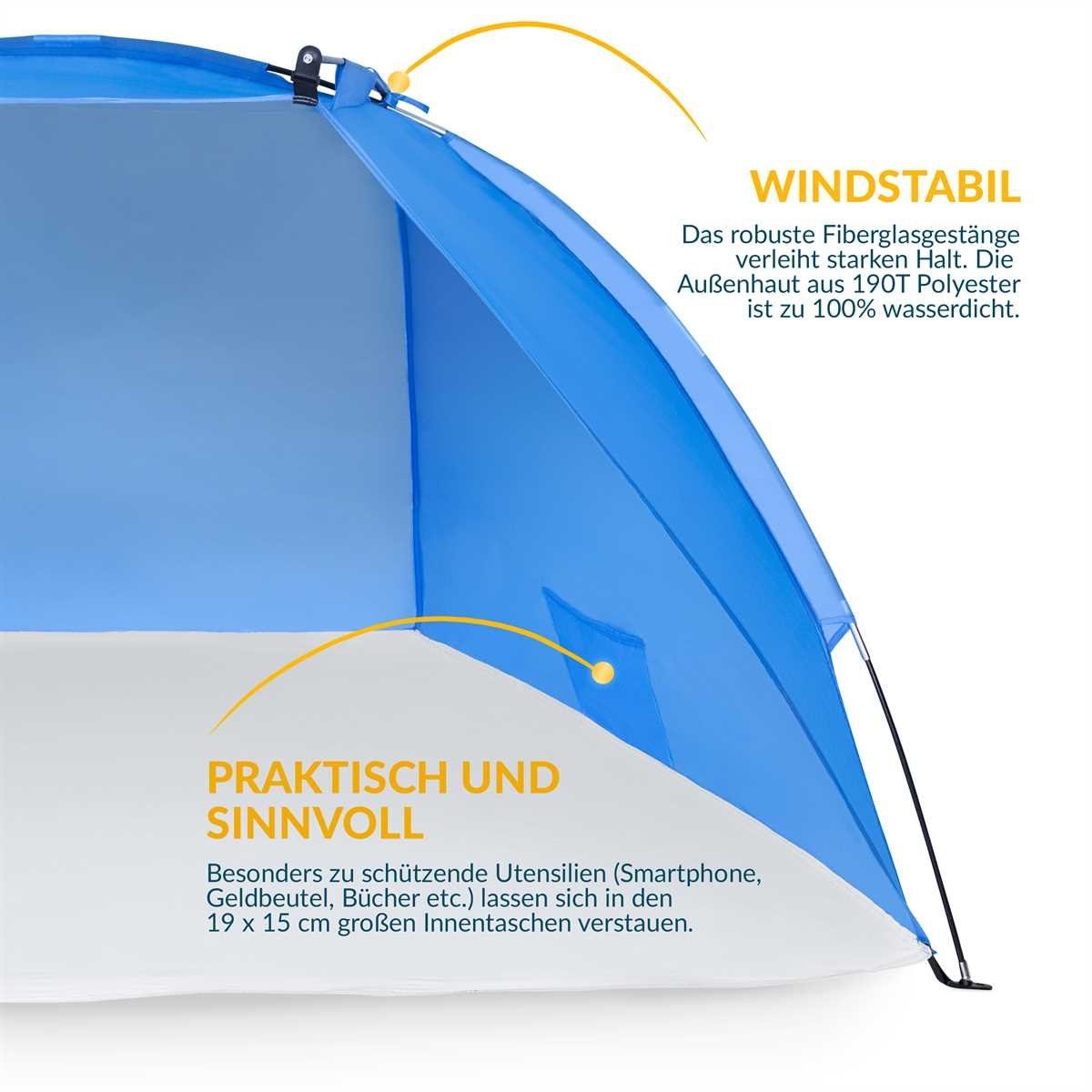 TRESKO Strandmuschel, Strandzelt inkl. Tragetasche, Strandmuschel mit UV Schutz 50+, Kleines Packmaß, Wasserdicht und atmungsaktiv