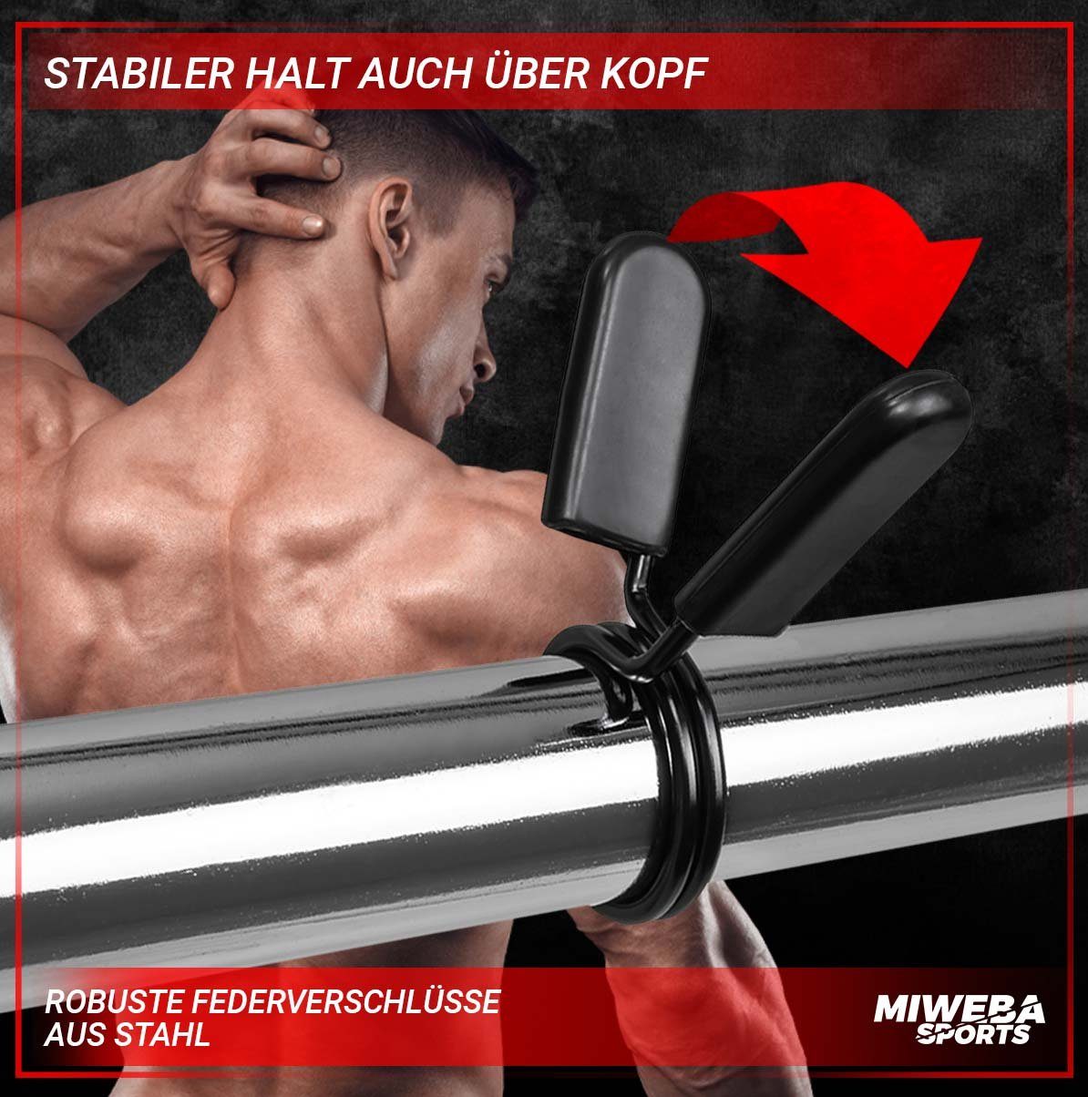 Miweba Sports Hantel-Set Federverschlüsse für Langhanteln 30/31mm, (2er-Set, Robuste Federverschlüsse aus Stahl, 8.0 x 7.0 x 2.0 cm), Hantelverschlüsse - Hantelverschluss - Hantelklemmen - Universal