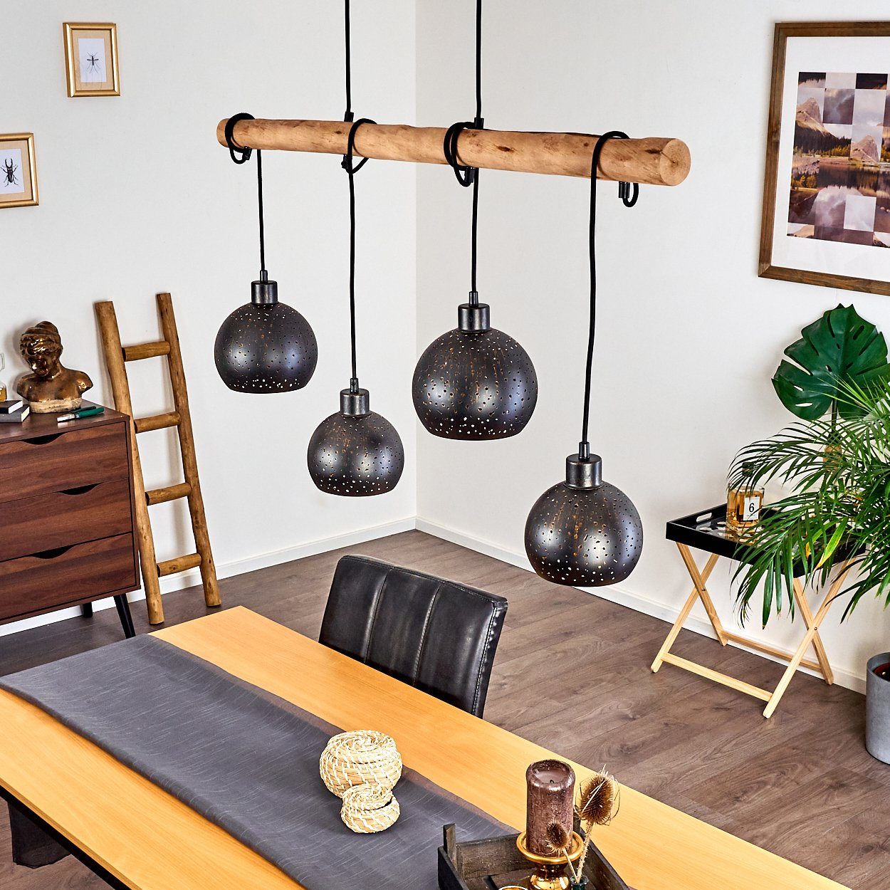 hofstein Pendelleuchte Nave 4-flammige Deckenlampe aus Metall in schwarz und kupferfarben, ohne Leuchtmittel, Vintage Look Pendellampe mit Holz in Natur, 4xE27
