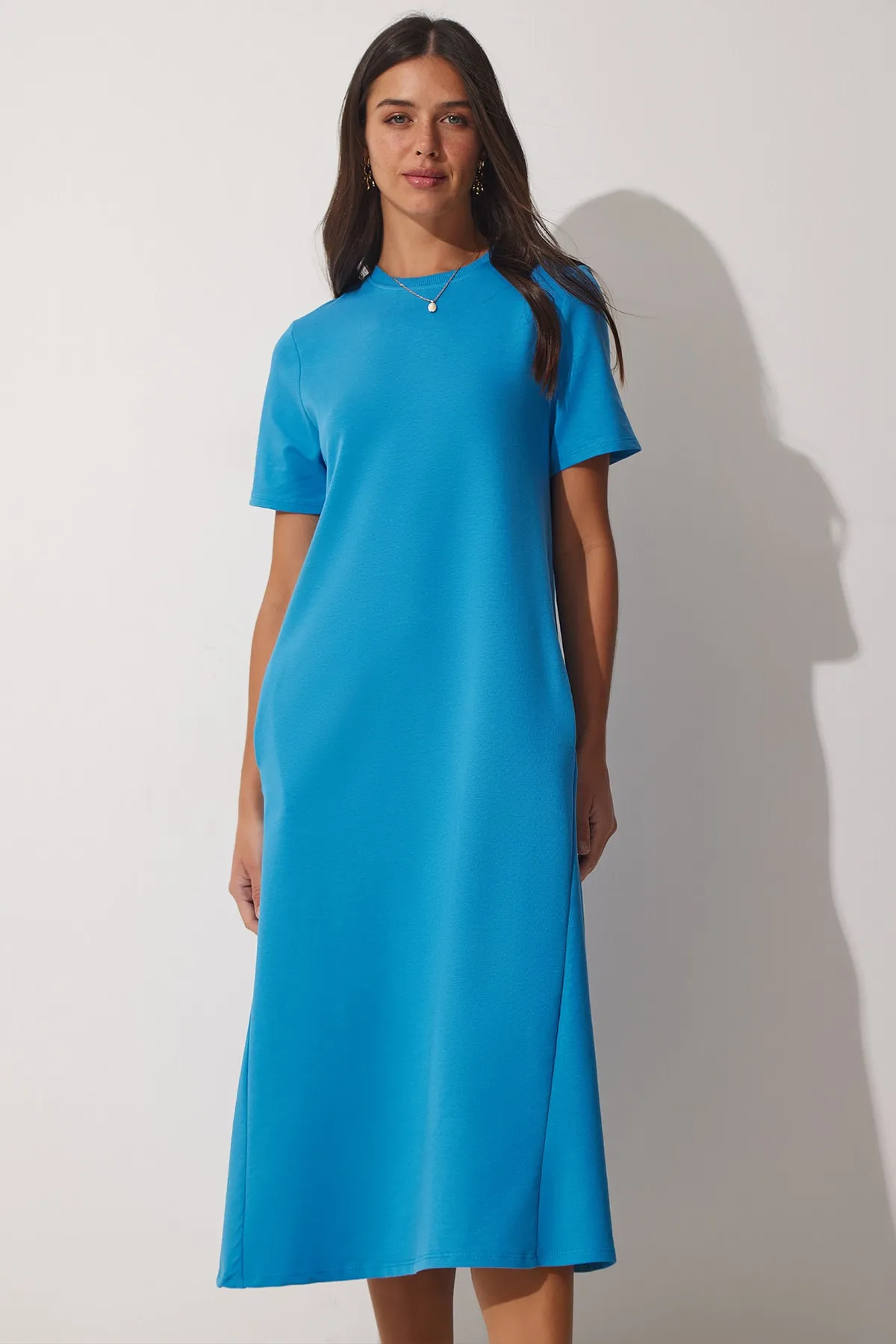 Happiness İstanbul  Blaues A-Linien-Sommerkleid für Damen aus gekämmter Baumwolle UB00060