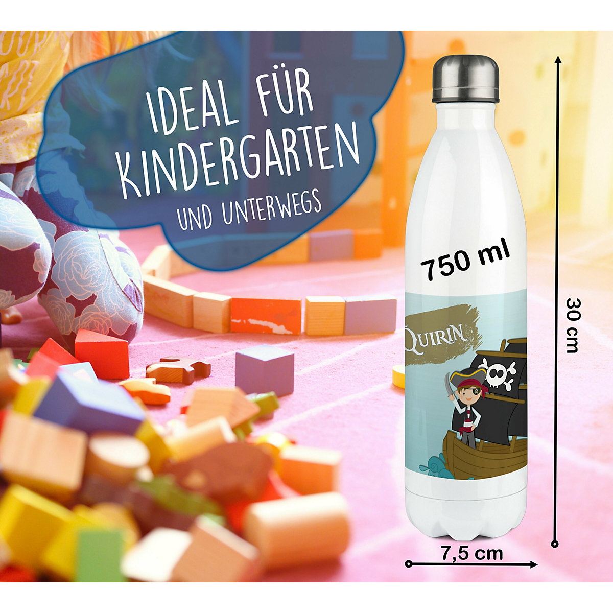 Edelstahl Kinder Thermoflasche / Trinkflasche bunt Pirat Spülmaschinenfest, Auslaufsicher, Bruchfest, Doppelwandig, Für Heißgetränke geeignet, Mit Deckel, Isoliert