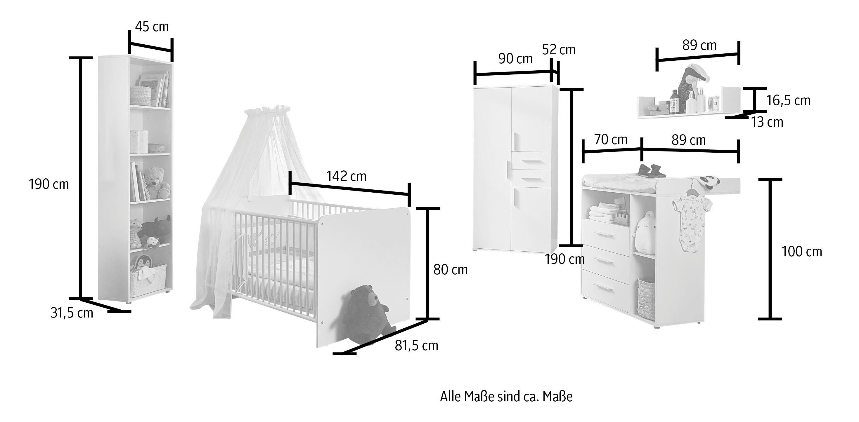BMG Möbel Babyzimmer-Komplettset Lea, (Set, 5-St., Bett, Wickelkommode, Schrank, Standregal, Wandboard), Bett + Wickelkommode + 3-trg. Schrank + Standregal + Wandboard