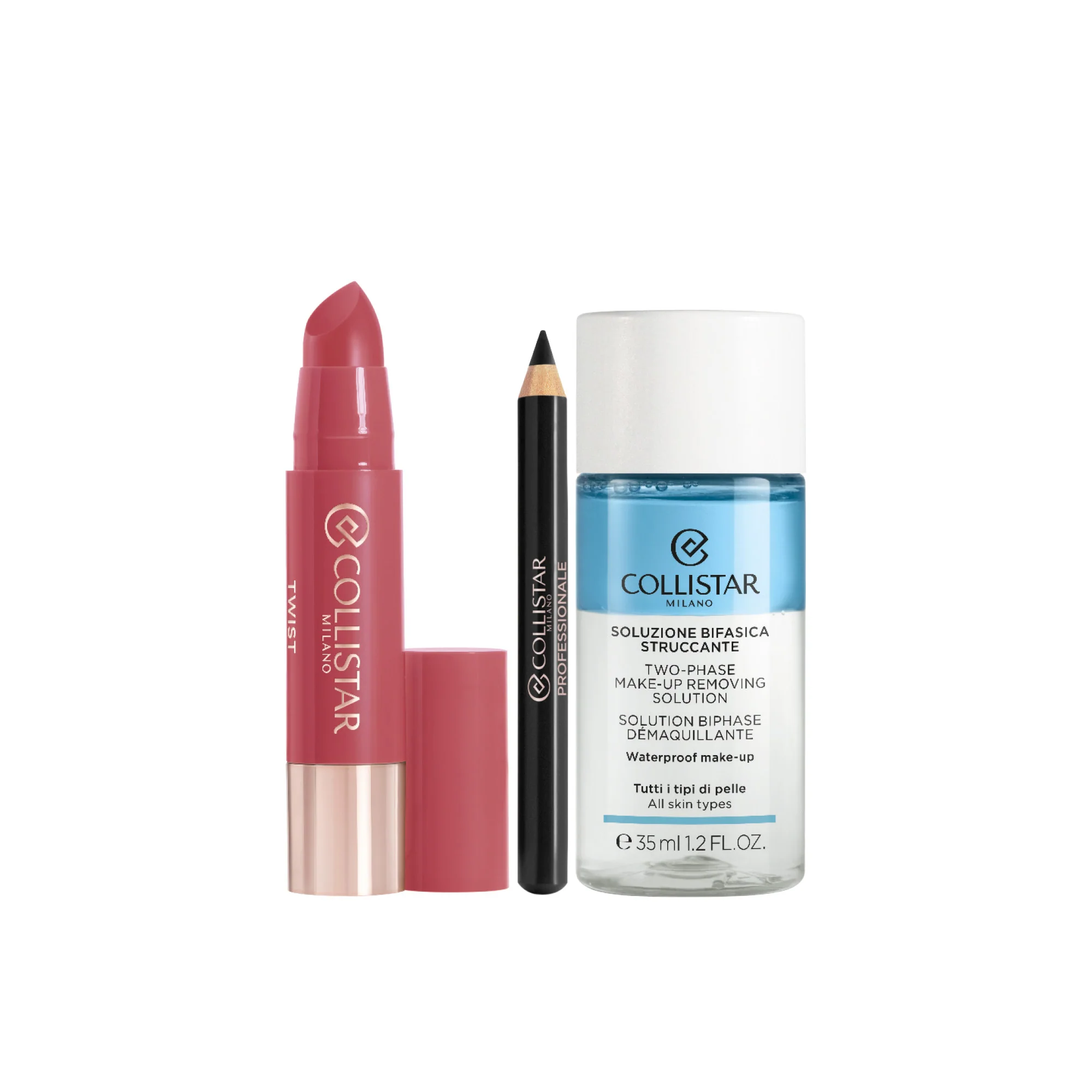 Set de maquillaje Balmy Gloss Twist Lips: brillo labial, lápiz de ojos y desmaquillante de ojos.