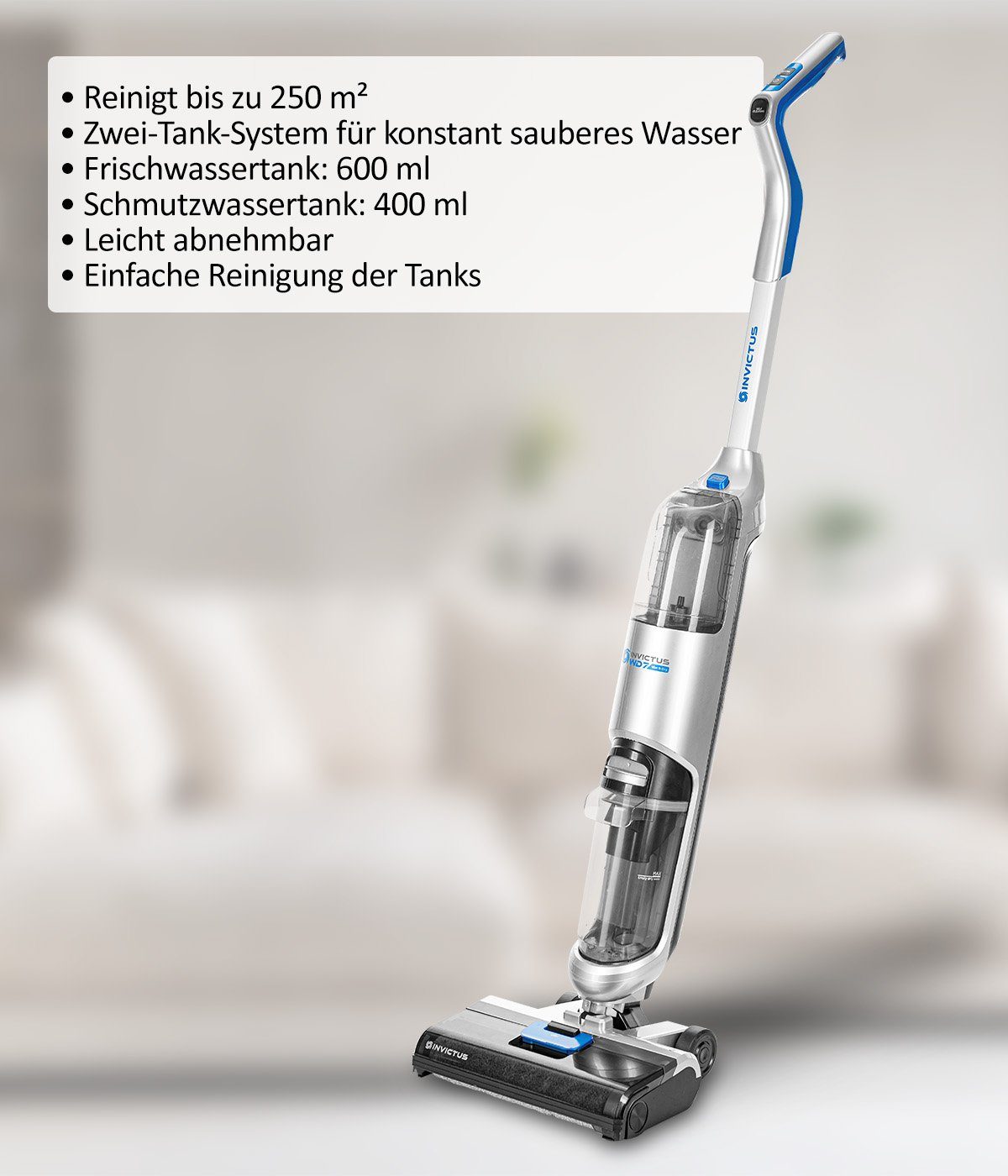 Genius Nass-Trocken-Akkusauger INVICTUS WD7 Akku Staubsauger Nasssauger mit Wischfunktion, beutellos, selbststehend, Selbstreinigung