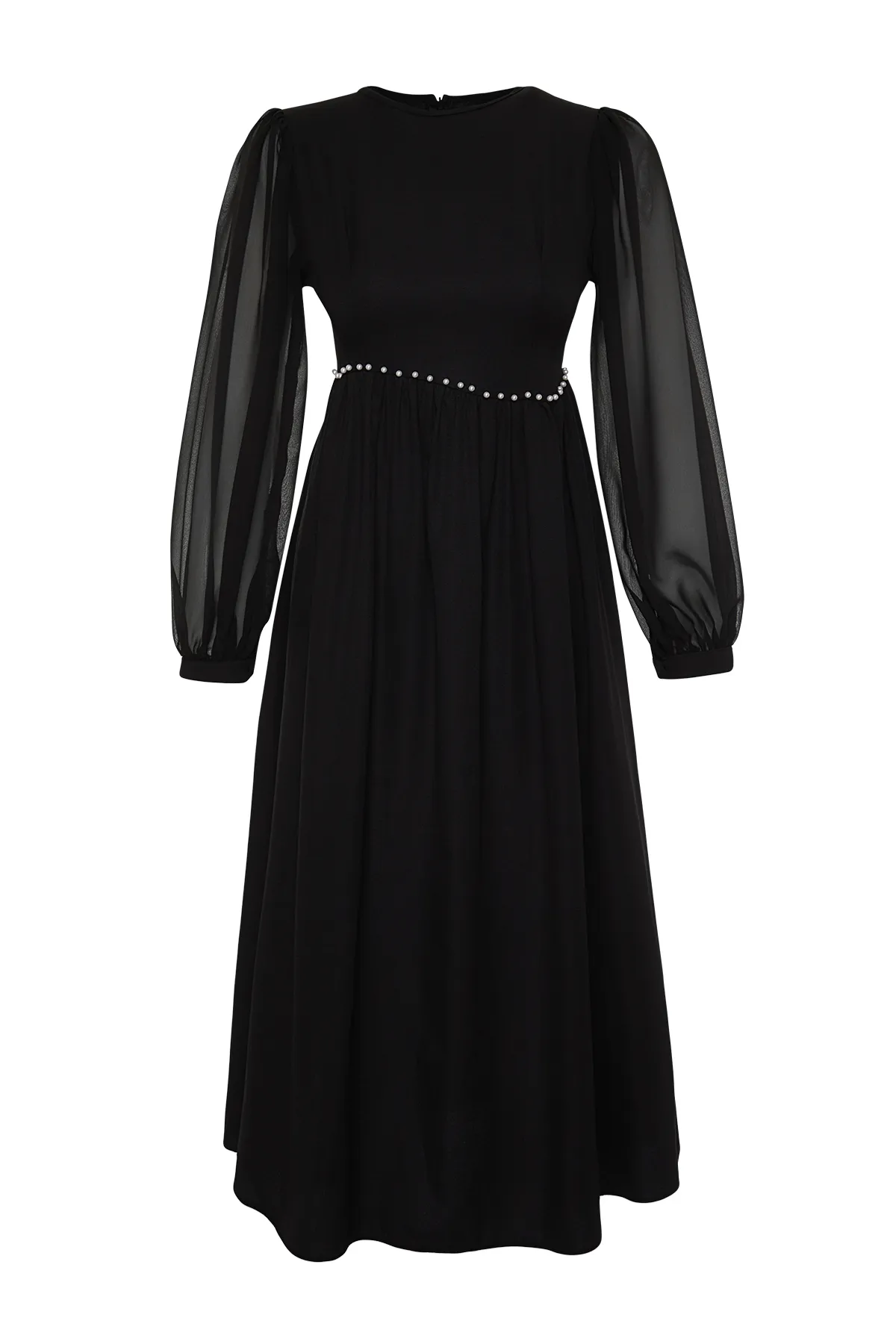 Trendyol Modest  Schwarzes Abendkleid mit Chiffon-Taille und Perlendetails TCTSS24DB00005