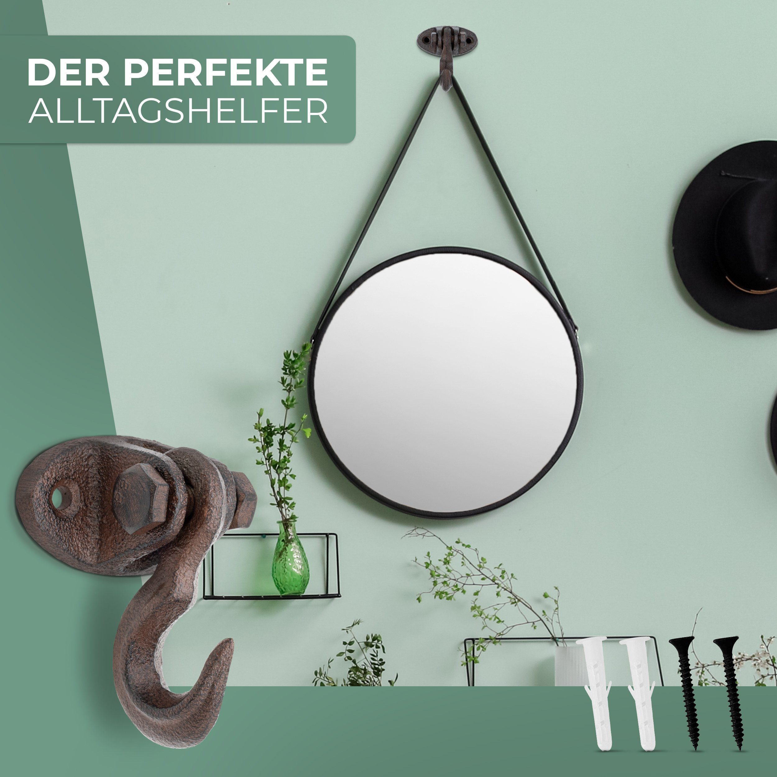 Glaskönig Garderobenhaken Rustikale Eisenhaken - bewegliche Wand und Deckenhaken - Gusseisen (traditionell gegossene Gusshaken, 2 Stück beweglich), ideal für eine DIY Befestigungslösung