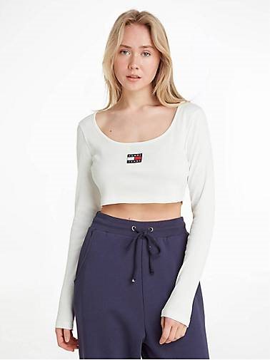 TOMMY-JEANS Damen Crop Top TJW CROP RIB CENTER BADGE LS Langarm