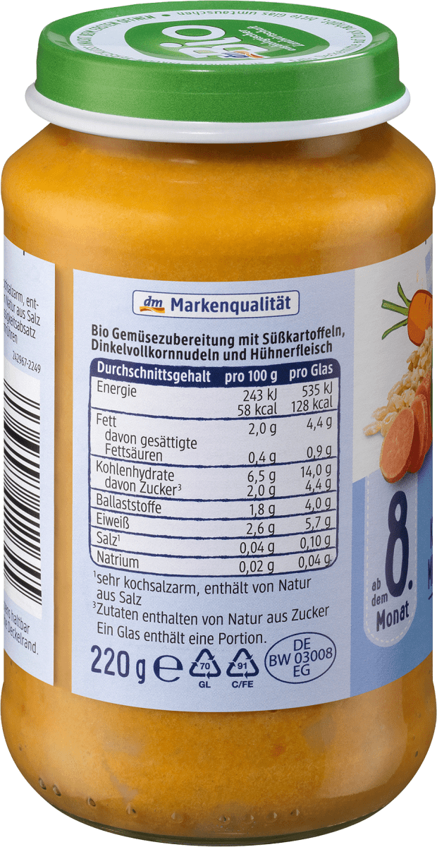 Menü Süßkartoffel-Karottengemüse mit Nudeln und Huhn, ab dem 8. Monat, 220 g