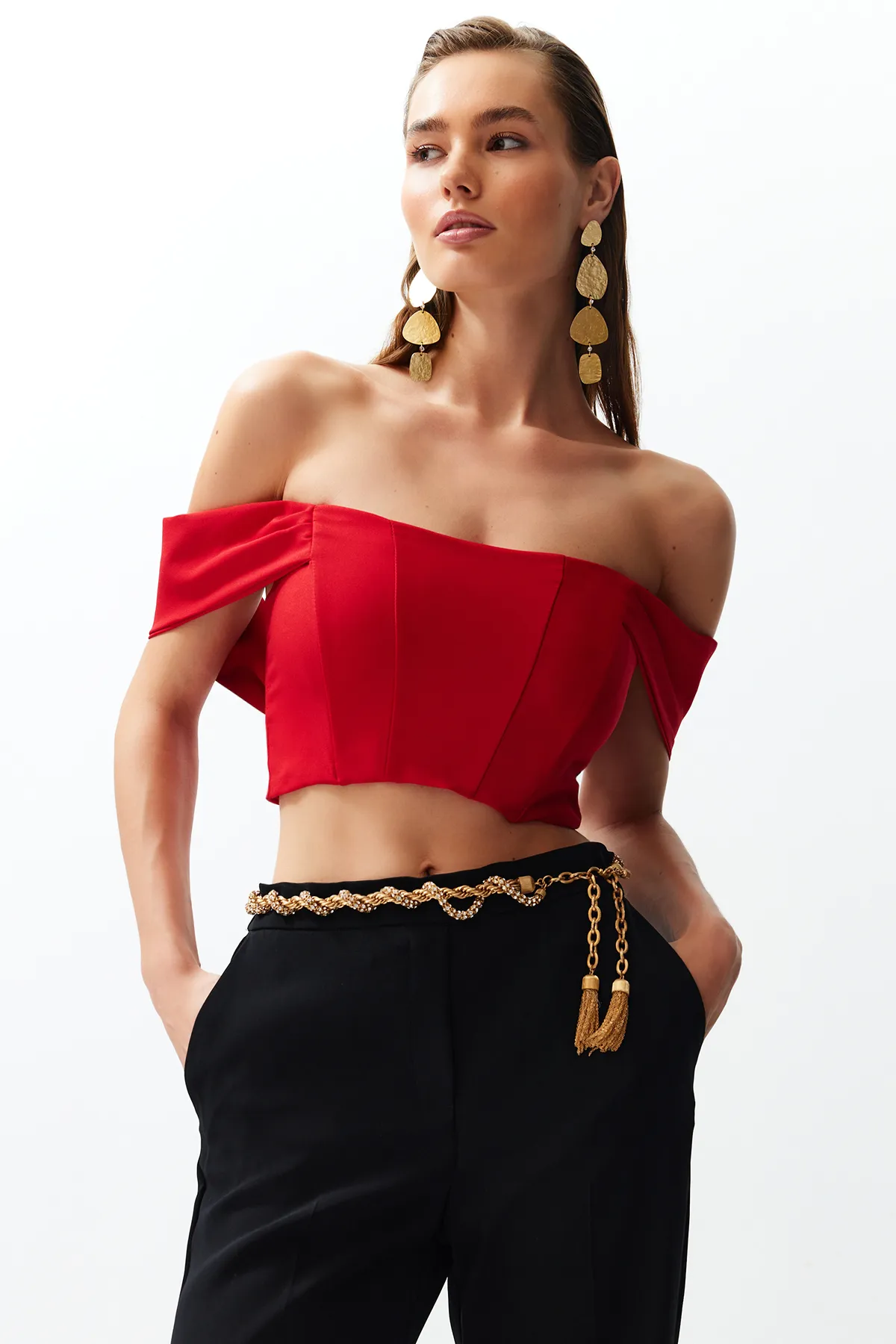 Trendyol Collection  Rotes gewebtes Bustier mit Carmenkragen
