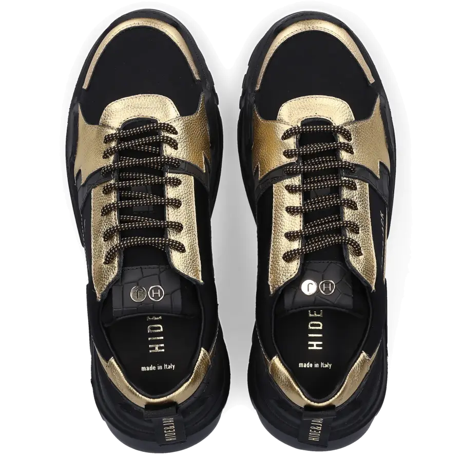 Hide & Jack - Sneaker low SPEEDBUMP Kalbsleder Logo gold schwarz - schwarz