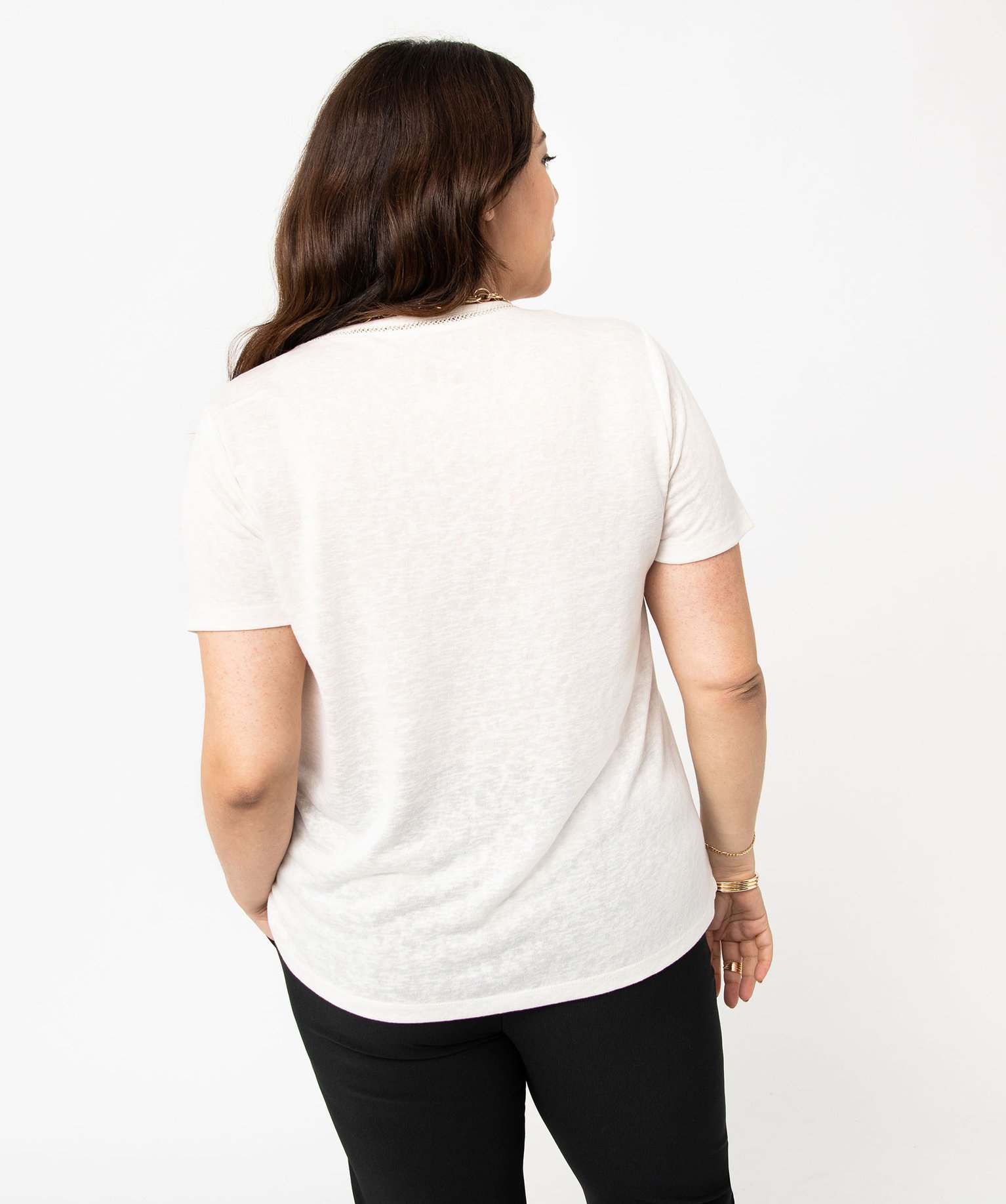 Tee-shirt manches courtes droit et fluide à col V et paille... ecru | GEMO