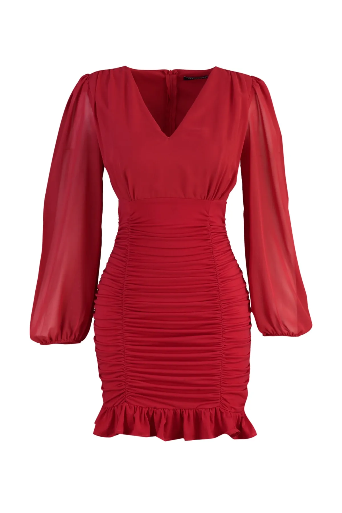 Trendyol Collection  Rotes, figurbetontes, gewebtes Minikleid mit Guiping und V-Ausschnitt TWOAW23EL01044