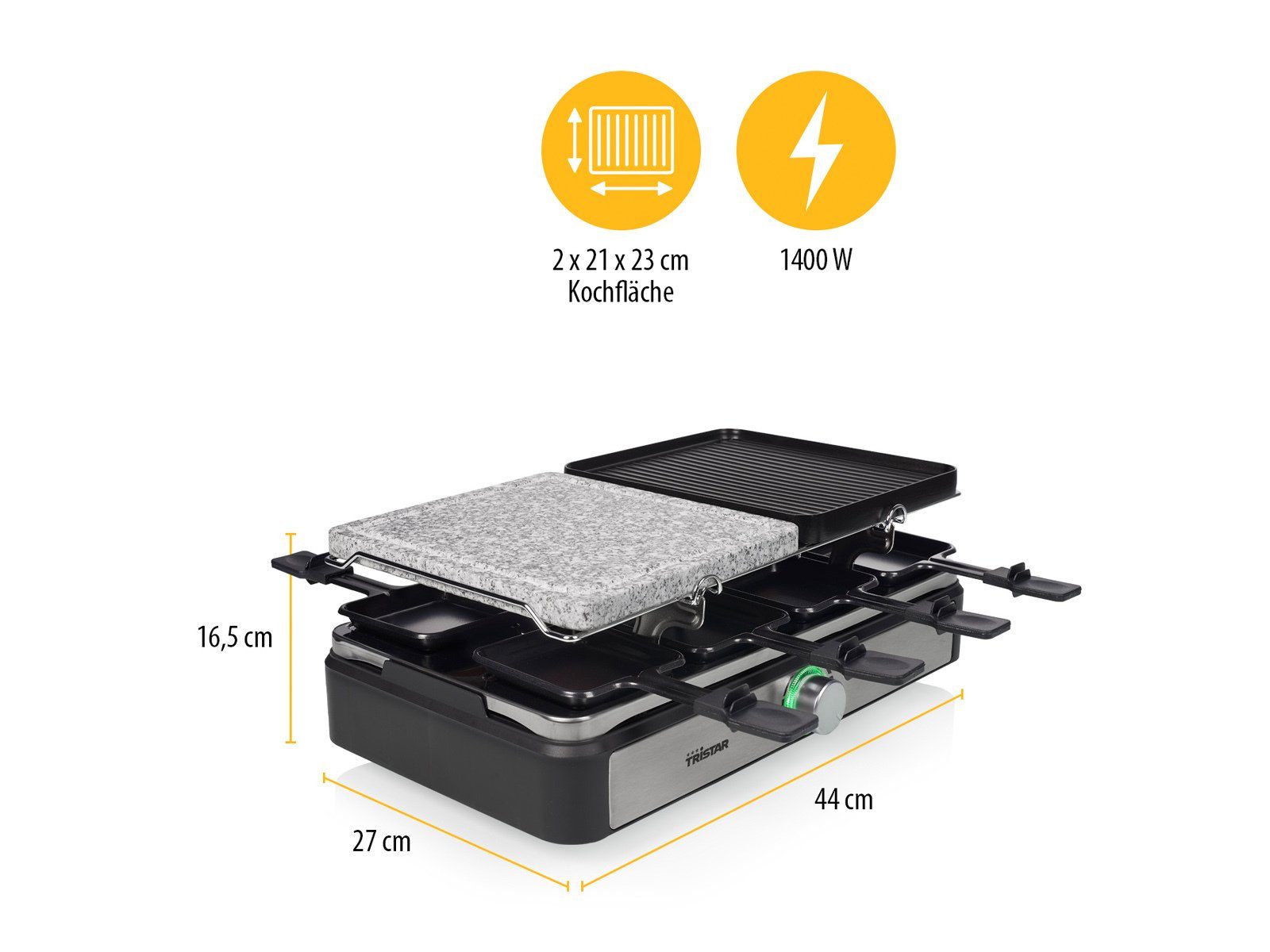 Tristar Raclette, 1400 W, Grill- & Steinplatte 5in1 Gerät Steingrill für 2-8 Personen Tischgrill